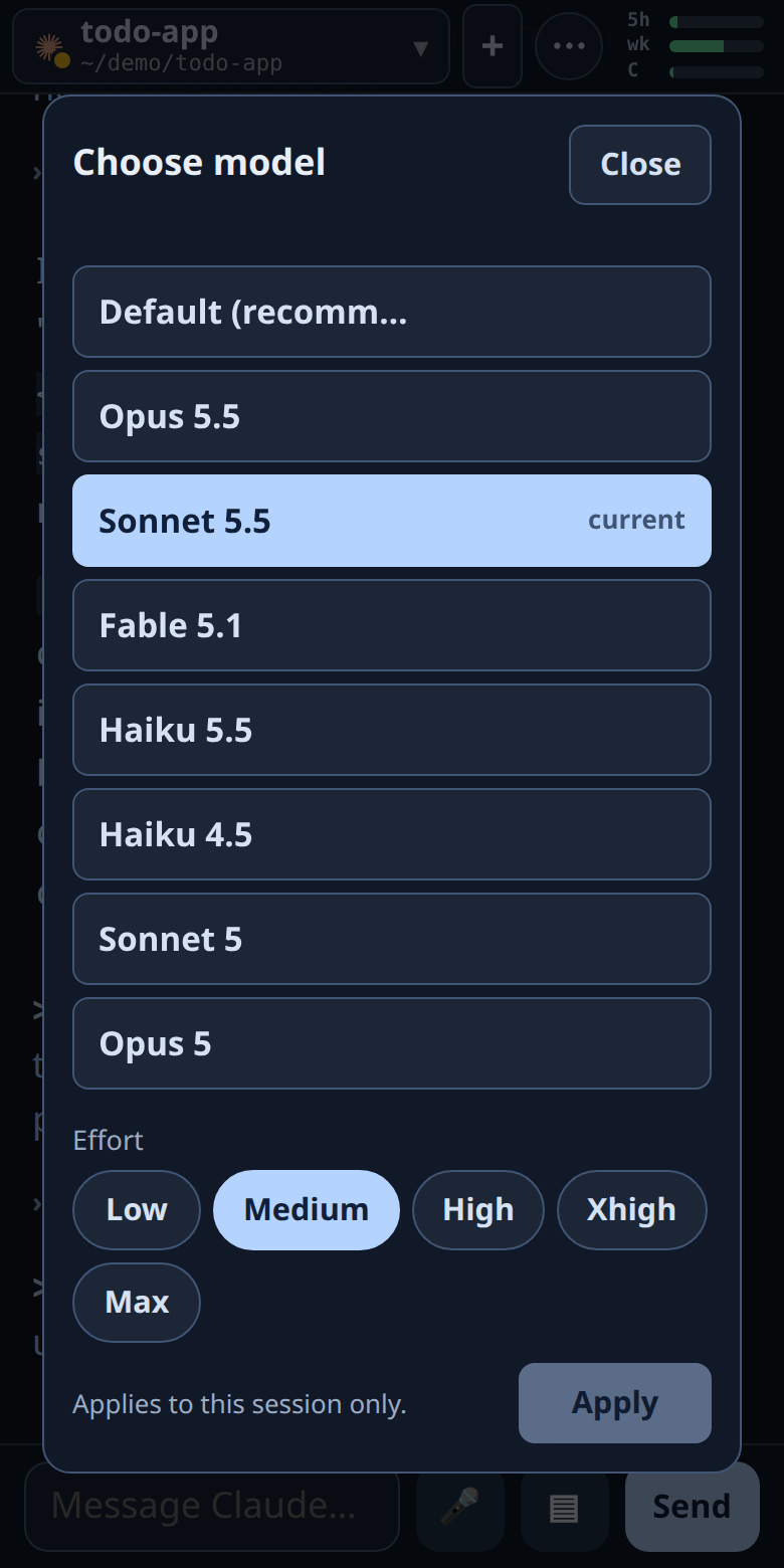 Model and effort picker