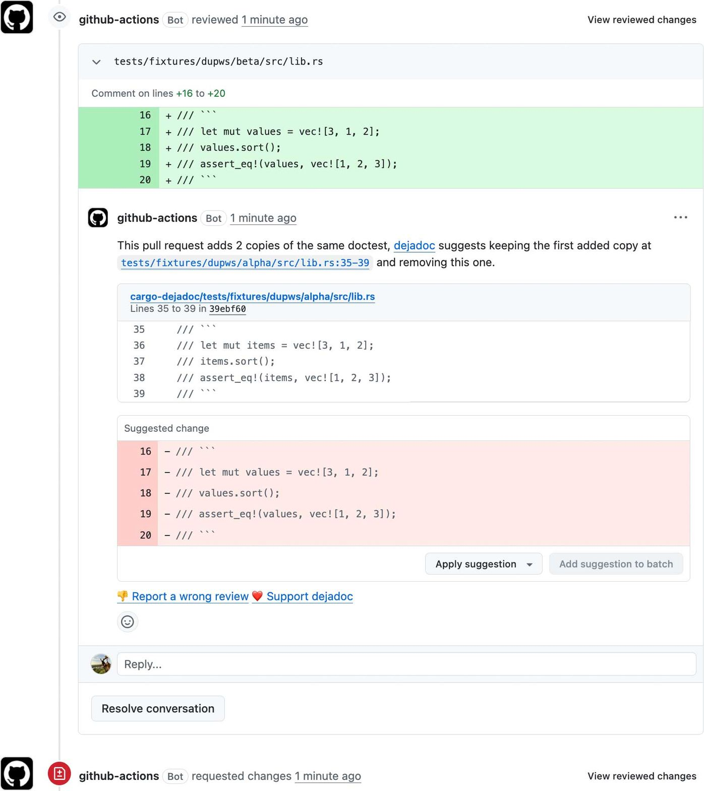 A pull request review by echoes, with an inline comment on a duplicated doctest and a suggestion that removes the copy