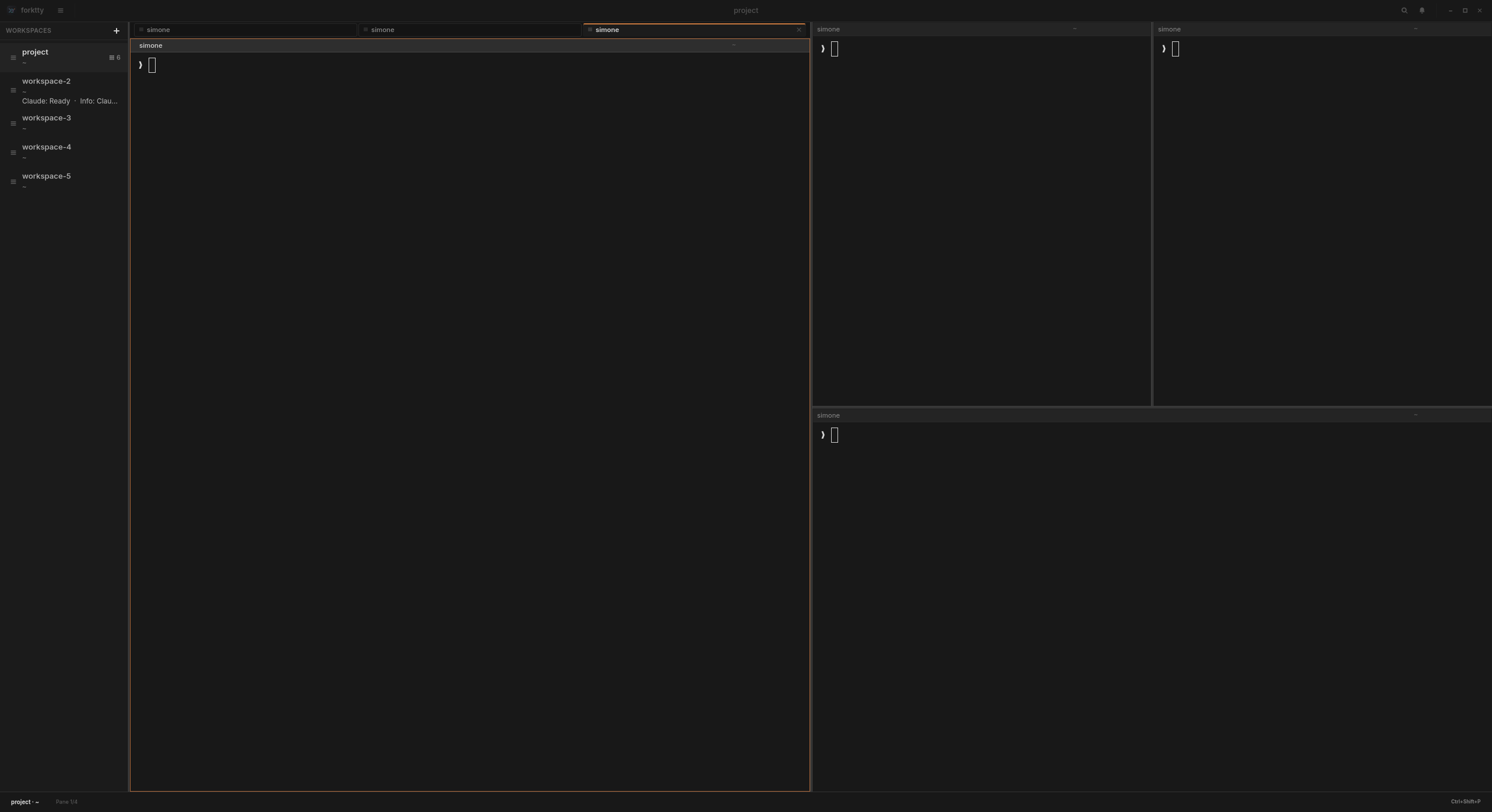 ForkTTY with workspace sidebar, split terminal panes, active pane focus, and agent status notifications