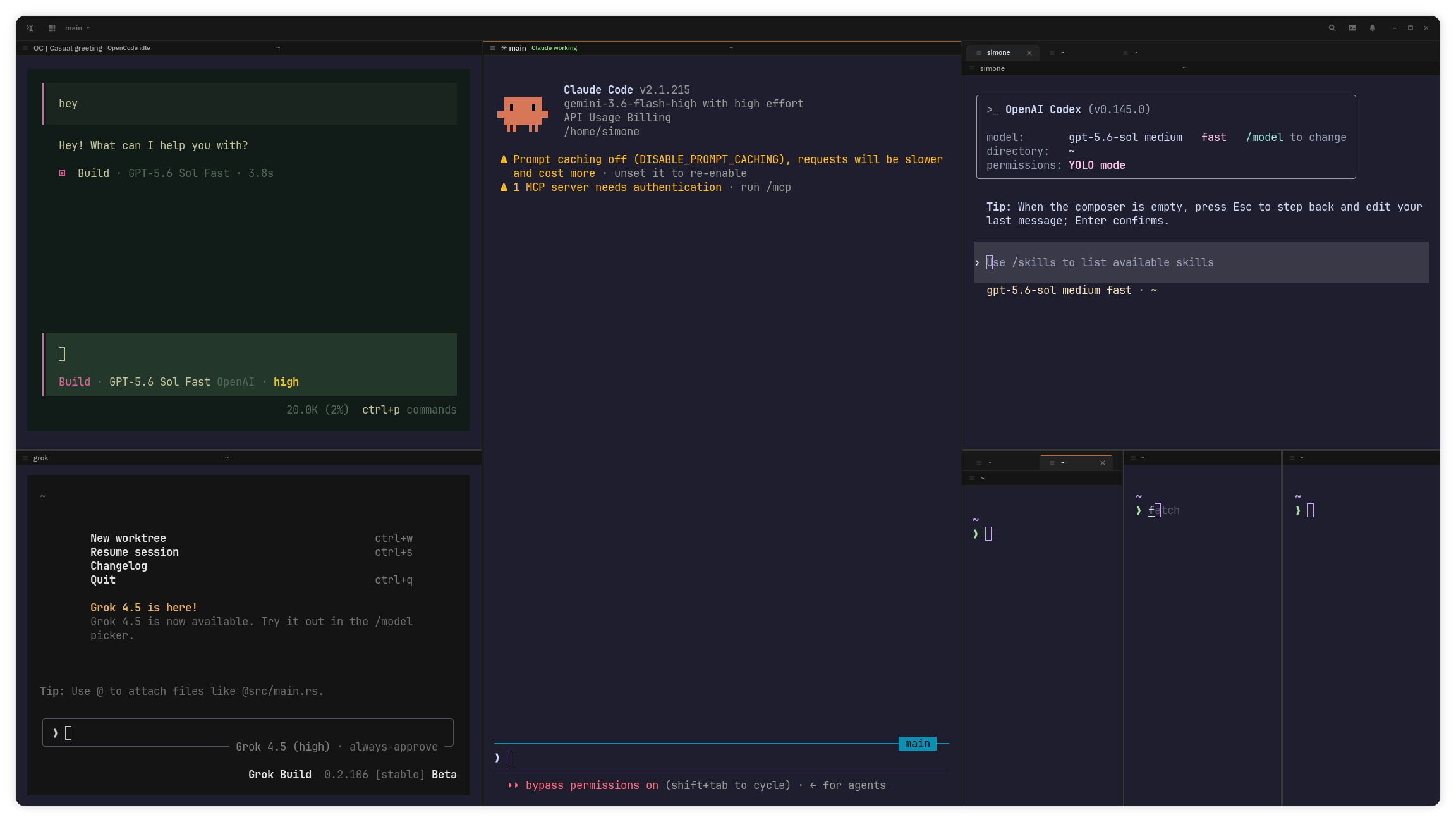ForkTTY workspace running several coding agents across split terminal panes