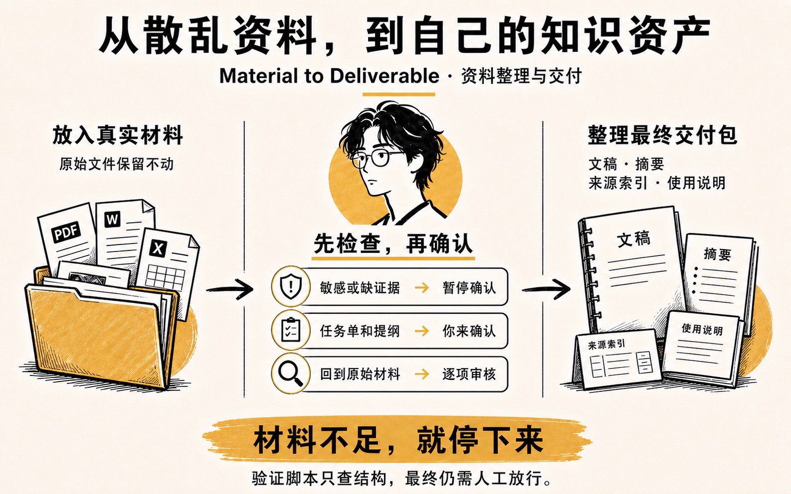 从散乱资料到知识资产：先检查材料，再确认任务单与提纲，回读来源审核后整理交付包。