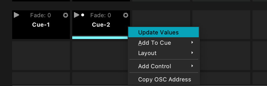 Screenshot Update Values cue