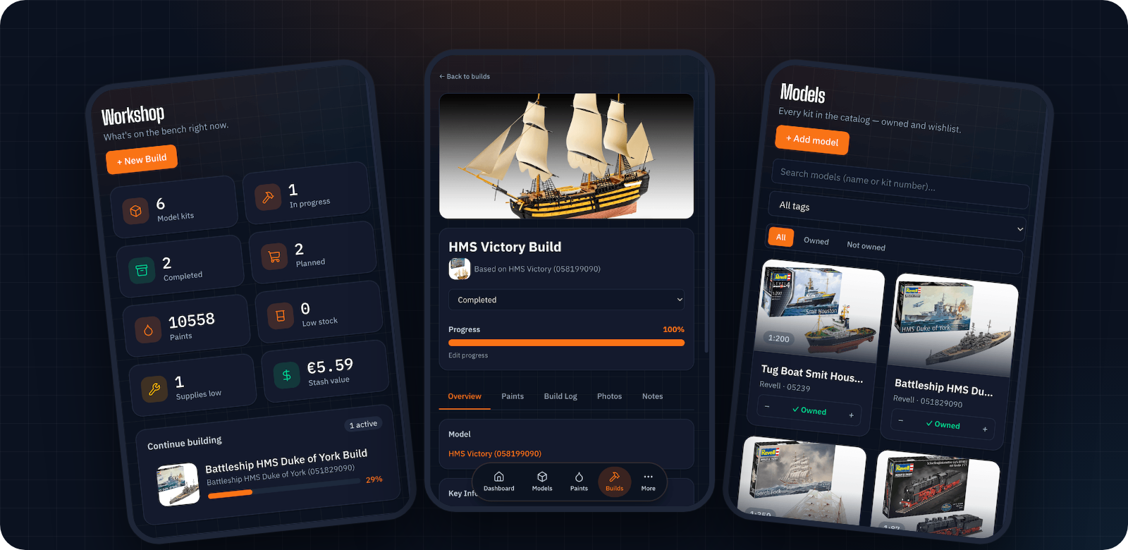 Model Workshop Manager on mobile: the dashboard, a completed HMS Victory build, and the model catalog
