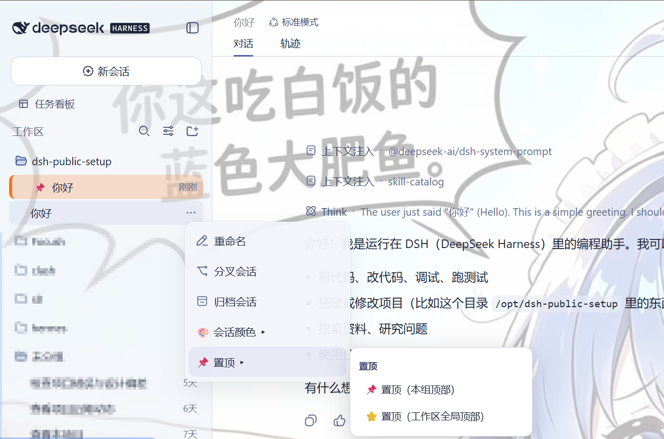 置顶与颜色效果:置顶的会话带 📌 前缀钉在顶部,"…" 菜单追加颜色/置顶项并展开二级置顶菜单