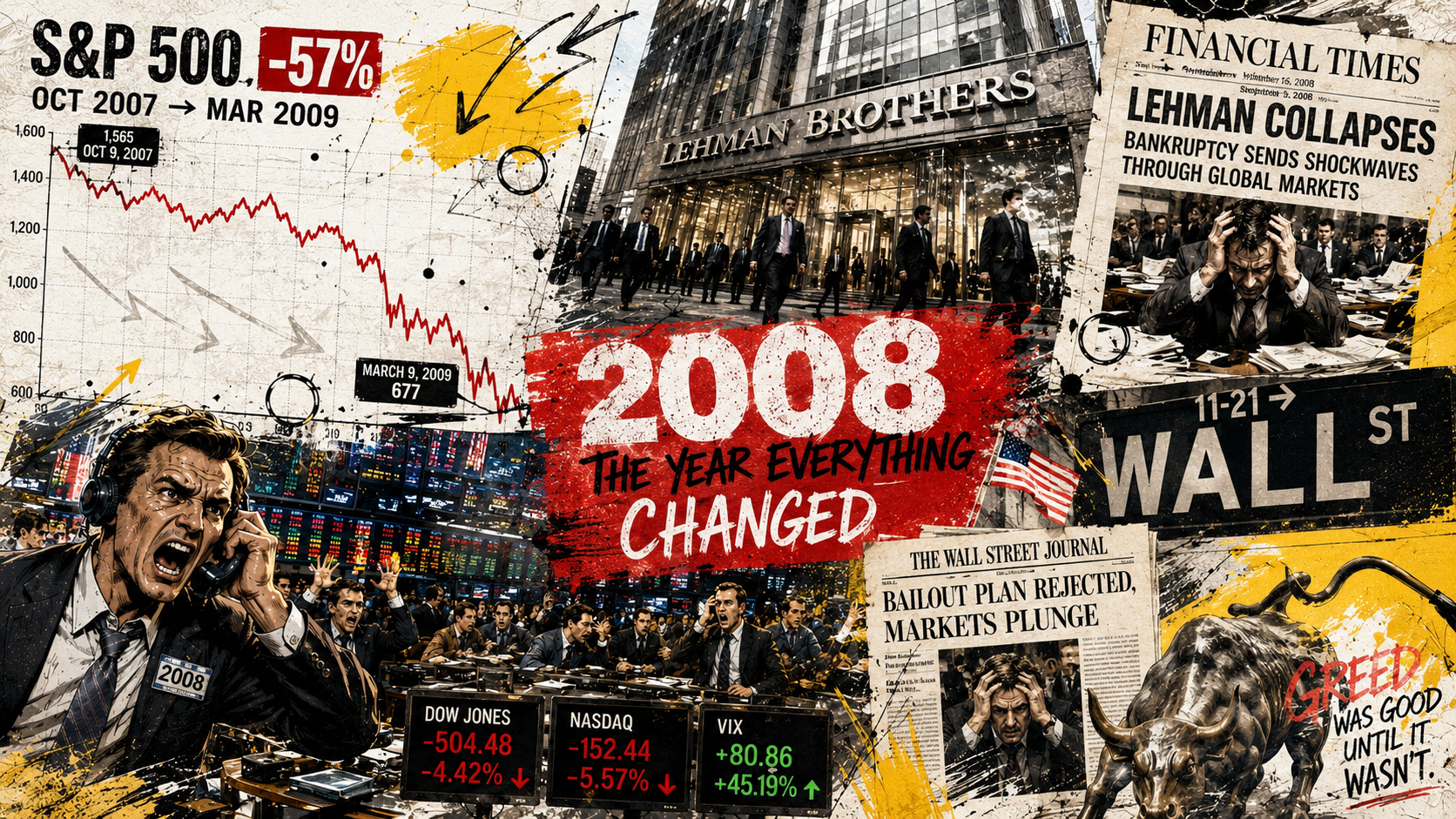 2008 financial crisis — S&P 500 fell 57% from peak to trough; Lehman Brothers collapses