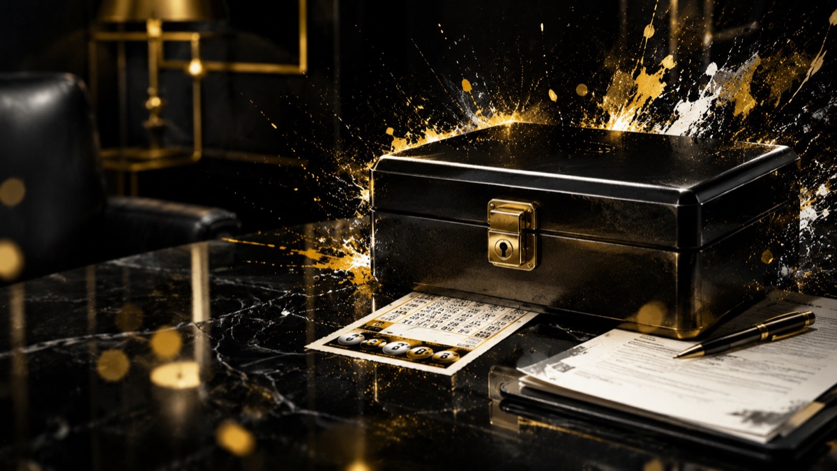 A jackpot briefcase with a lottery ticket and pen on a desk