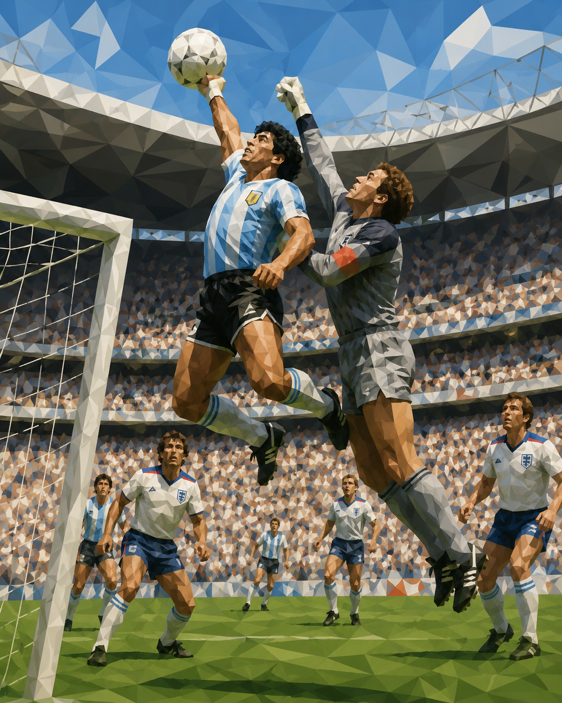 Maradona punches the ball over Shilton — the full scene, England players helpless