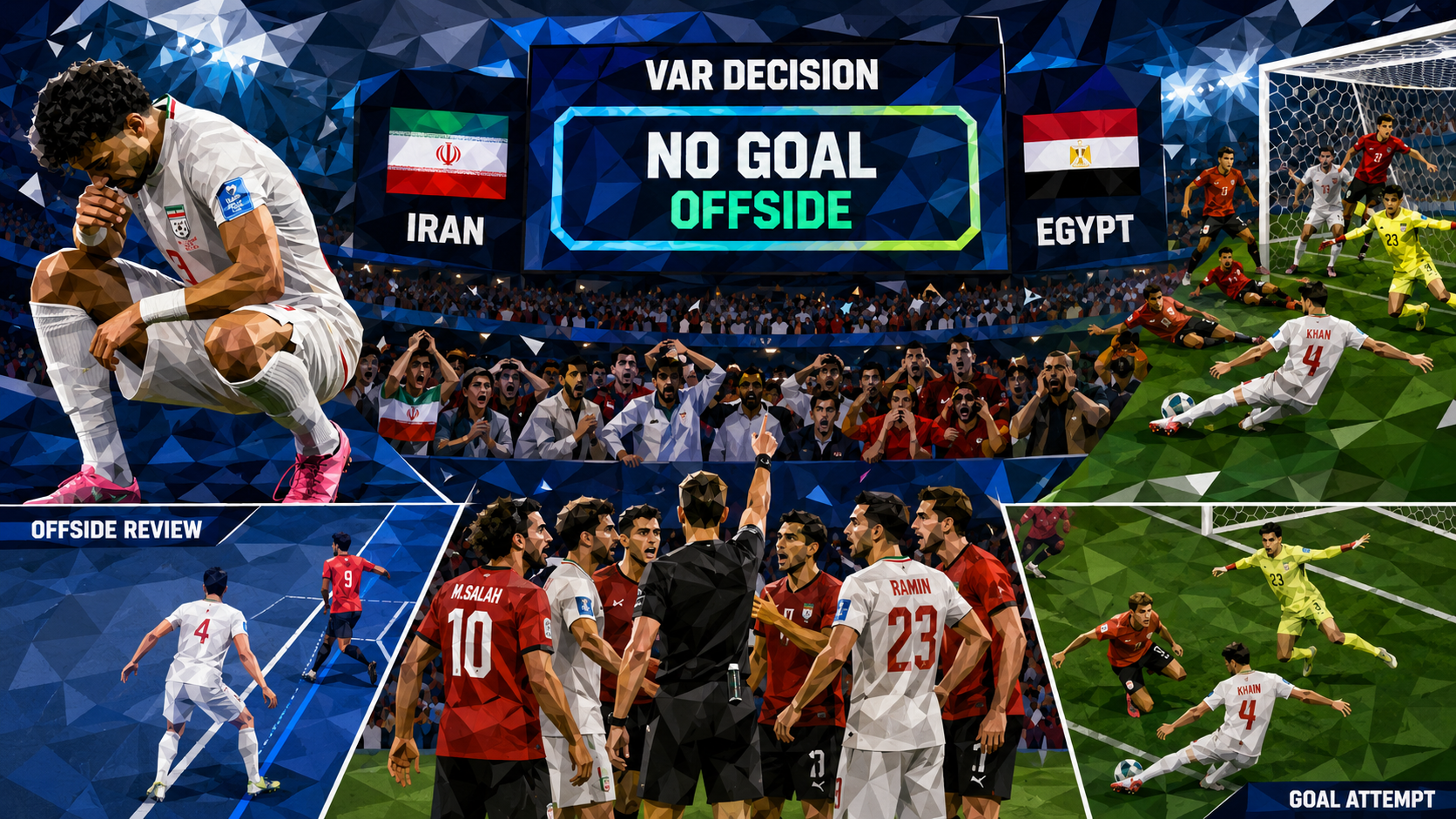 Stadium VAR board showing No Goal Offside Iran vs Egypt