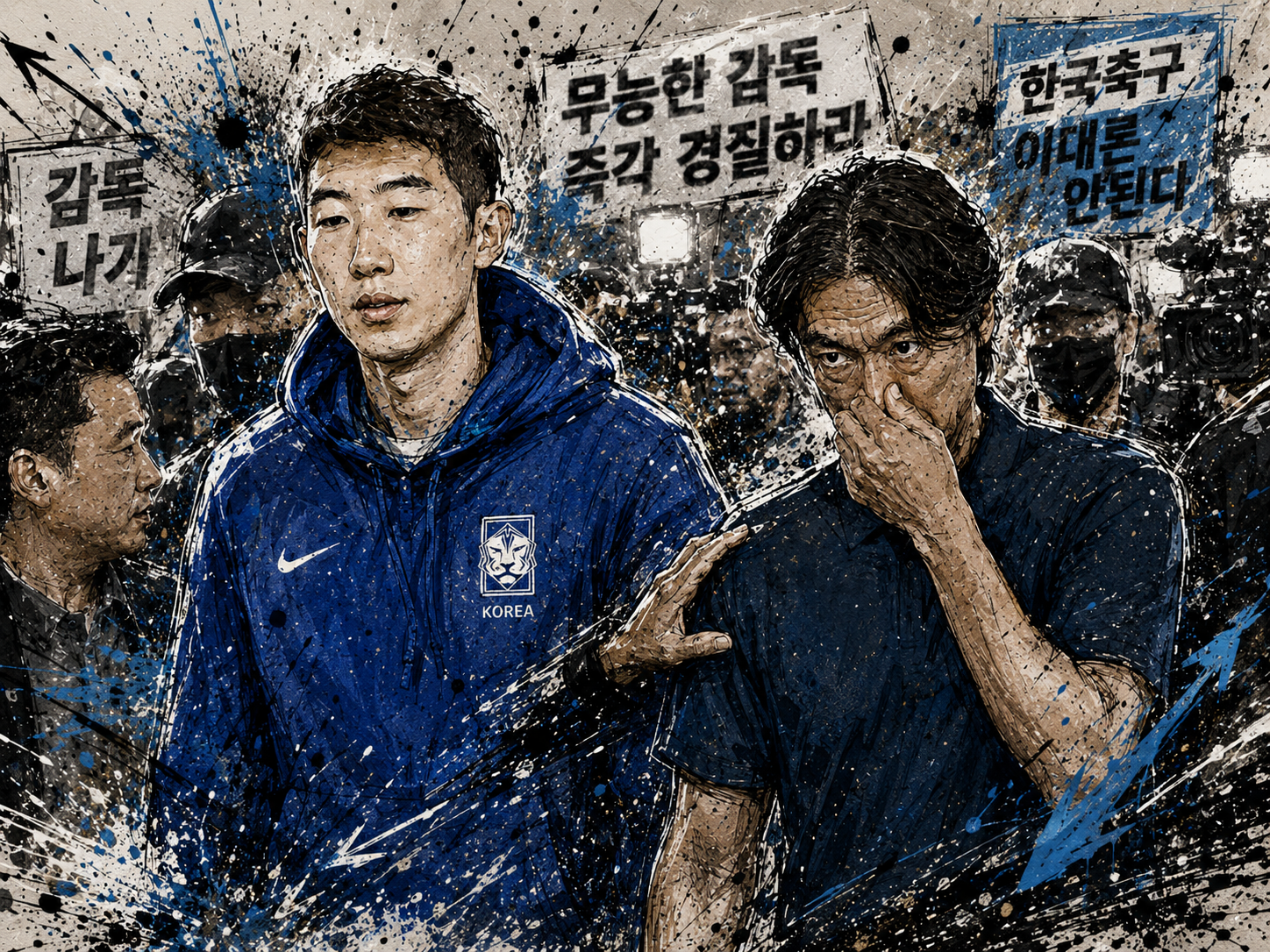 Hong Myung-bo and player walking through protest at Incheon Airport emotional moment