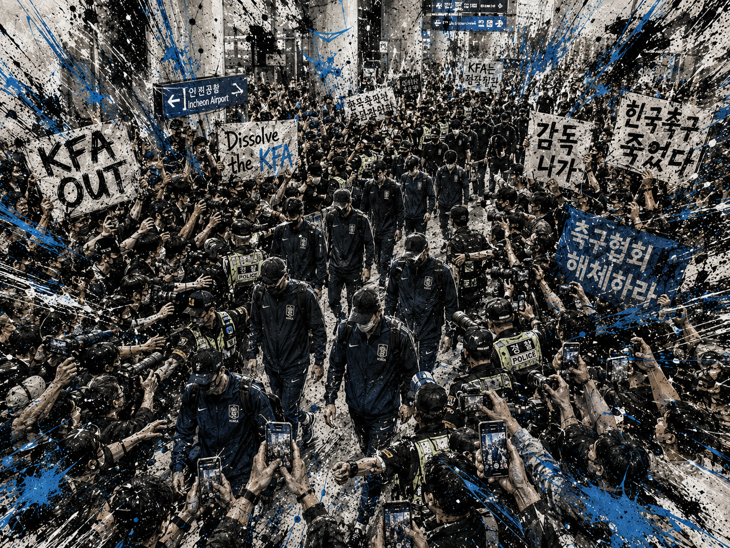 Aerial view of massive protest crowd at Incheon Airport KFA OUT signs
