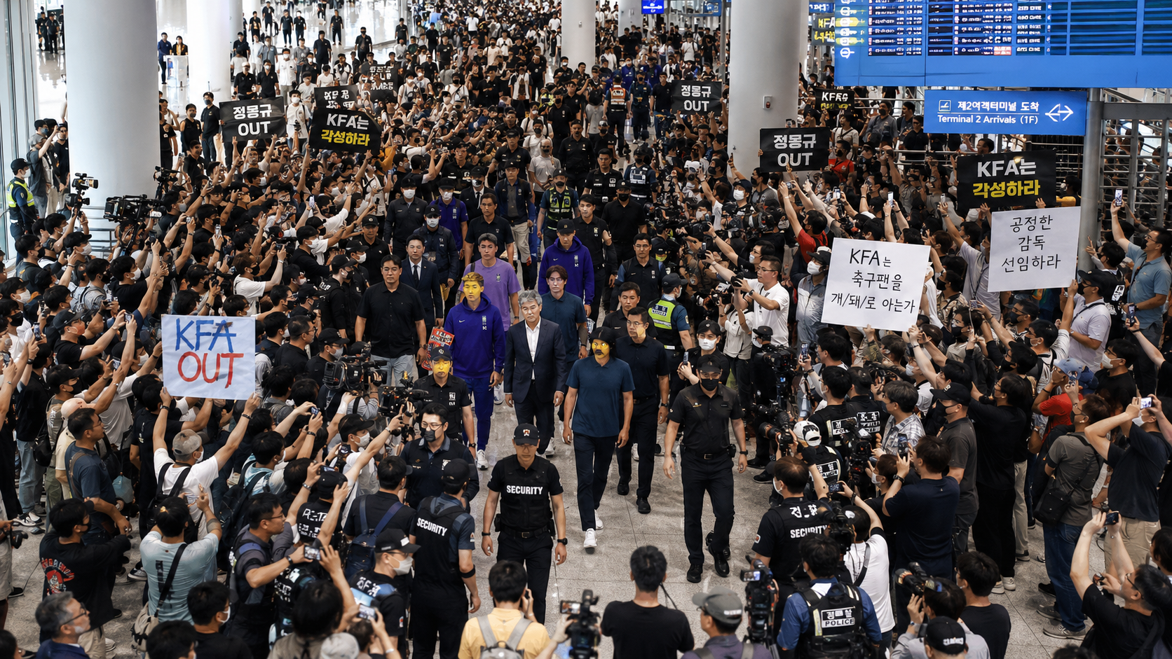 Thousands of South Korean fans fill Incheon Airport with KFA OUT protest banners
