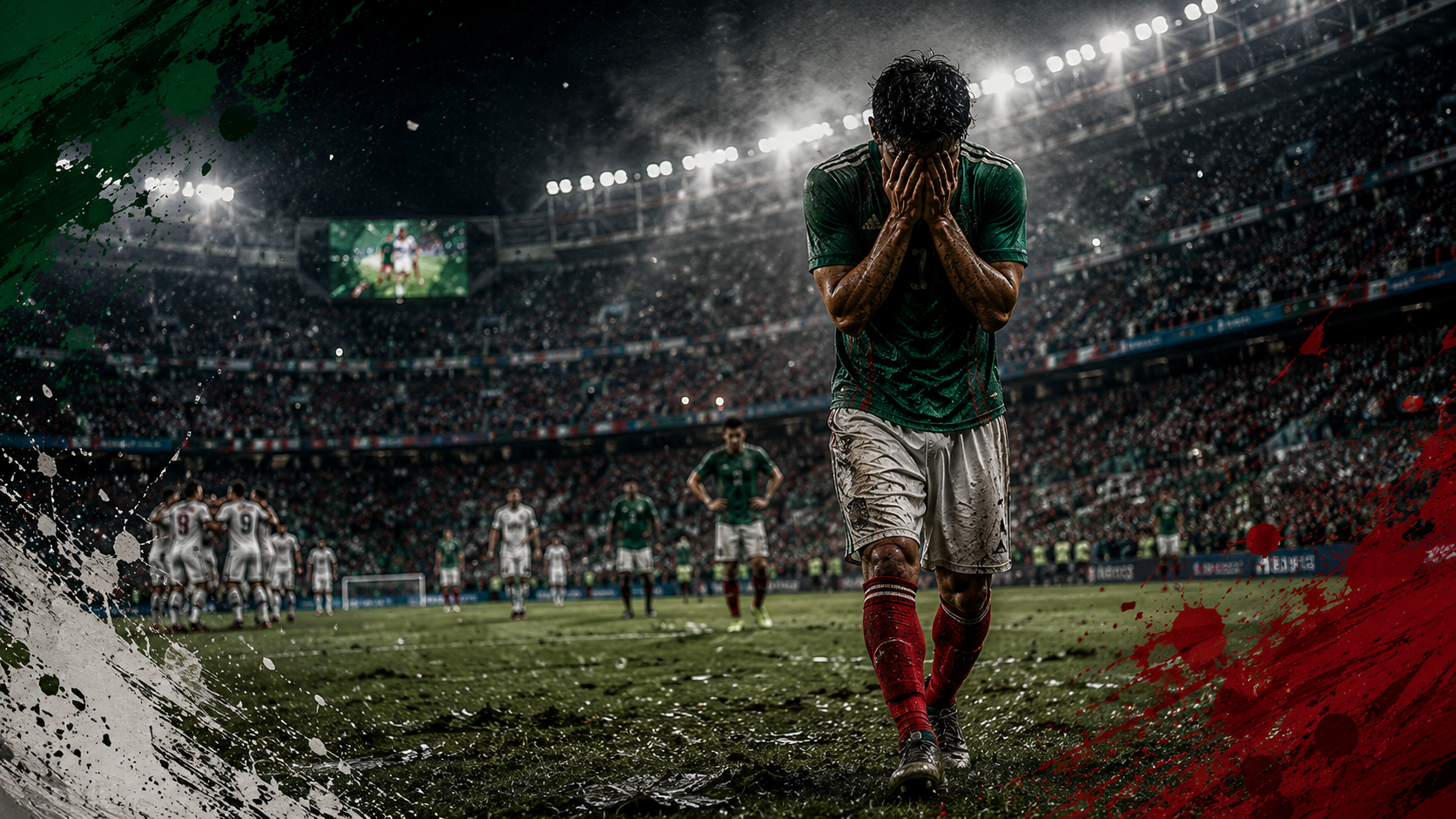 Mexico player facing heartbreak in stadium during knockout match, embodying decades of Round of 16 exits and the pressure of breaking the Quinto Partido curse