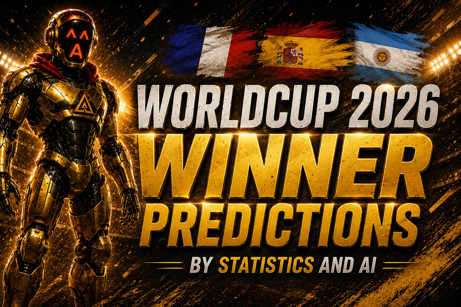 AI-powered World Cup prediction analysis with three flags and tournament path showing France, Spain, Argentina probability distribution