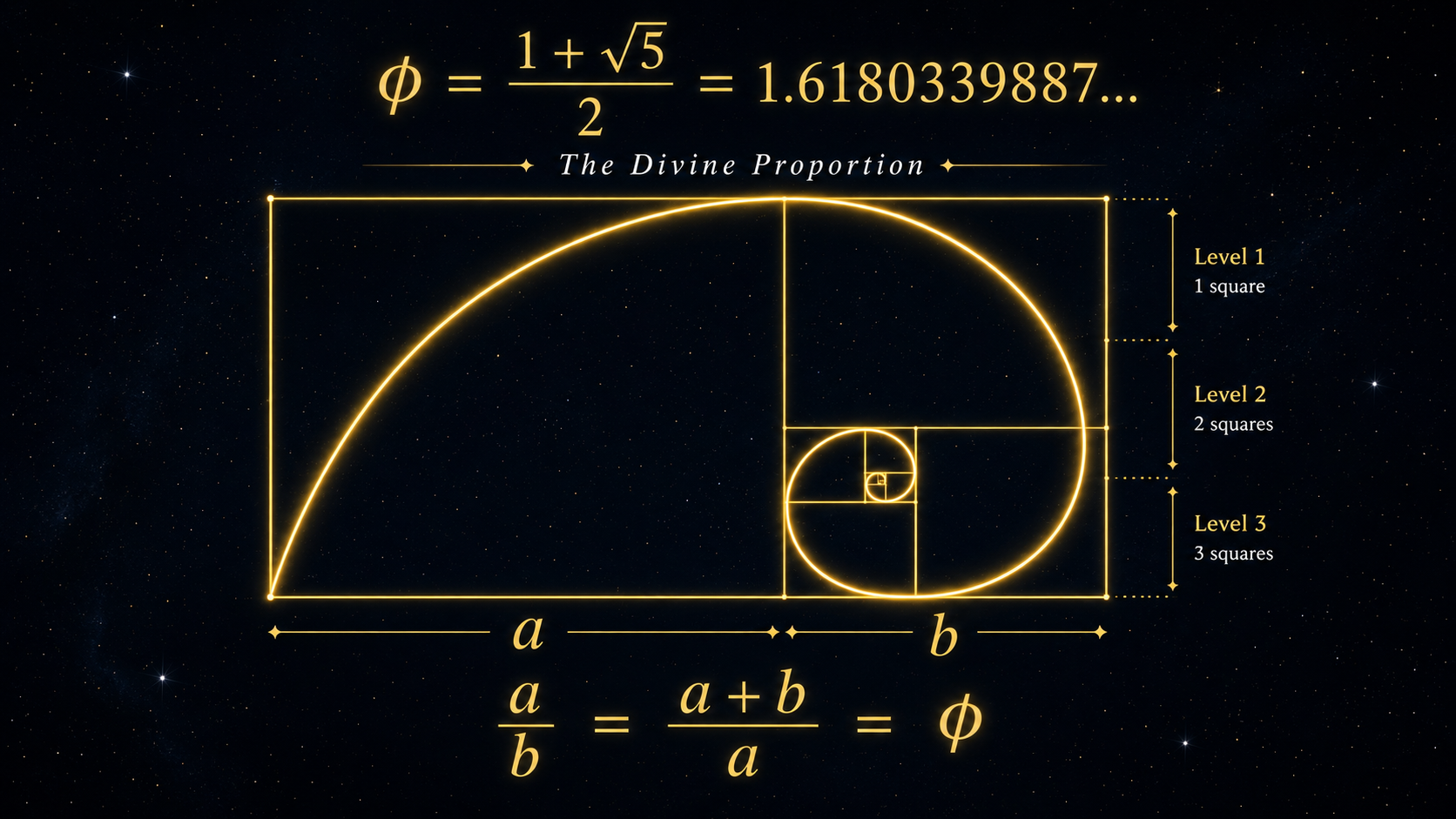 Golden ratio diagram showing the formula phi equals 1.618 with the golden rectangle divided into three levels and the famous logarithmic spiral curving through it