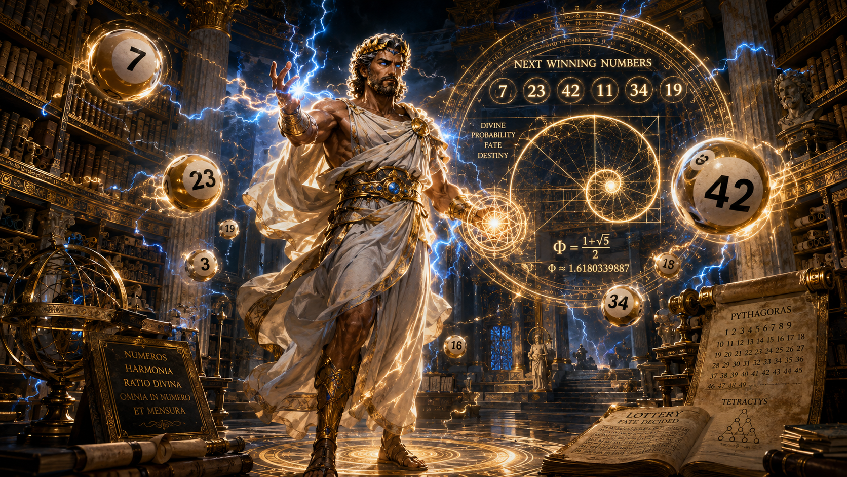 Zeus the Greek god with golden ratio spiral and lottery balls
