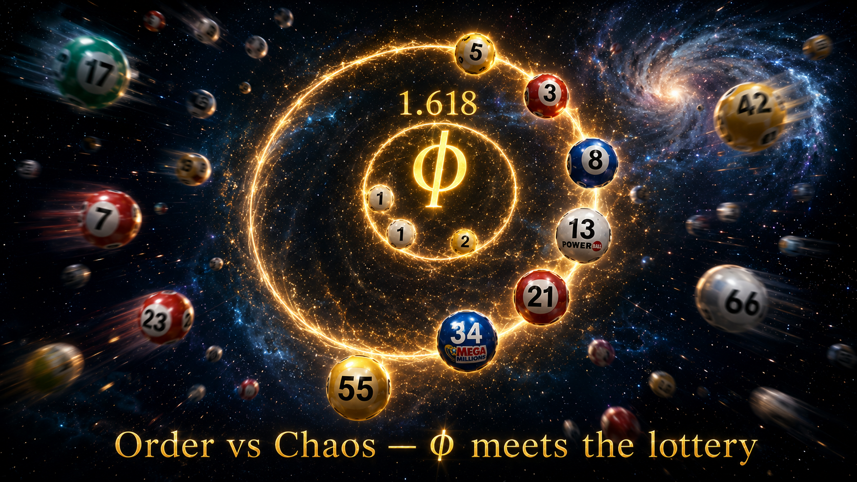 Lottery balls arranged in a golden spiral pattern with Fibonacci numbers from 1 to 55, with the symbol phi at the center and chaotic balls scattering outside the spiral pattern in deep cosmic space
