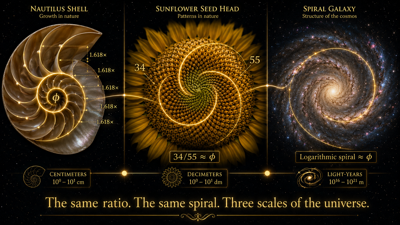 Three-panel image showing the golden ratio in nature: nautilus shell with phi spiral overlay, sunflower seed head with 34 and 55 Fibonacci spirals, and a spiral galaxy with logarithmic spiral matching phi