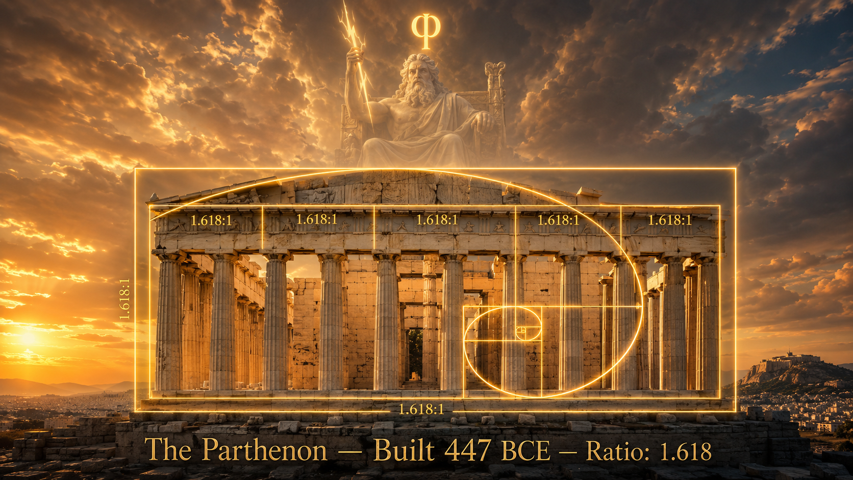The Parthenon temple in Athens with golden rectangle overlays showing 1.618 to 1 proportions, with Zeus seated on his throne in the sunset sky above holding a lightning bolt
