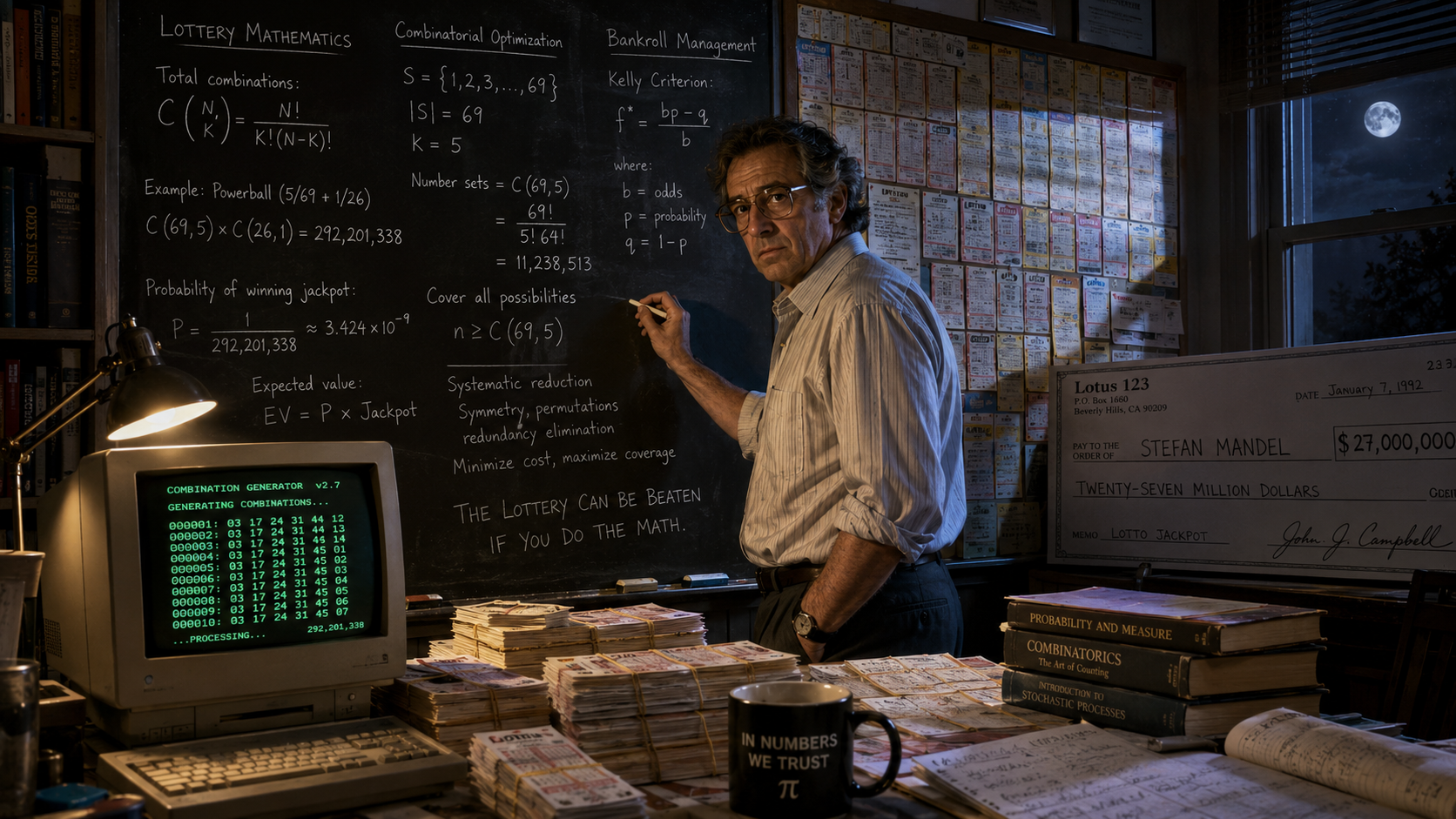 Stefan Mandel at a chalkboard covered in lottery mathematics formulas, combinatorial equations, and the Lotus 123 software he used to generate every possible number combination