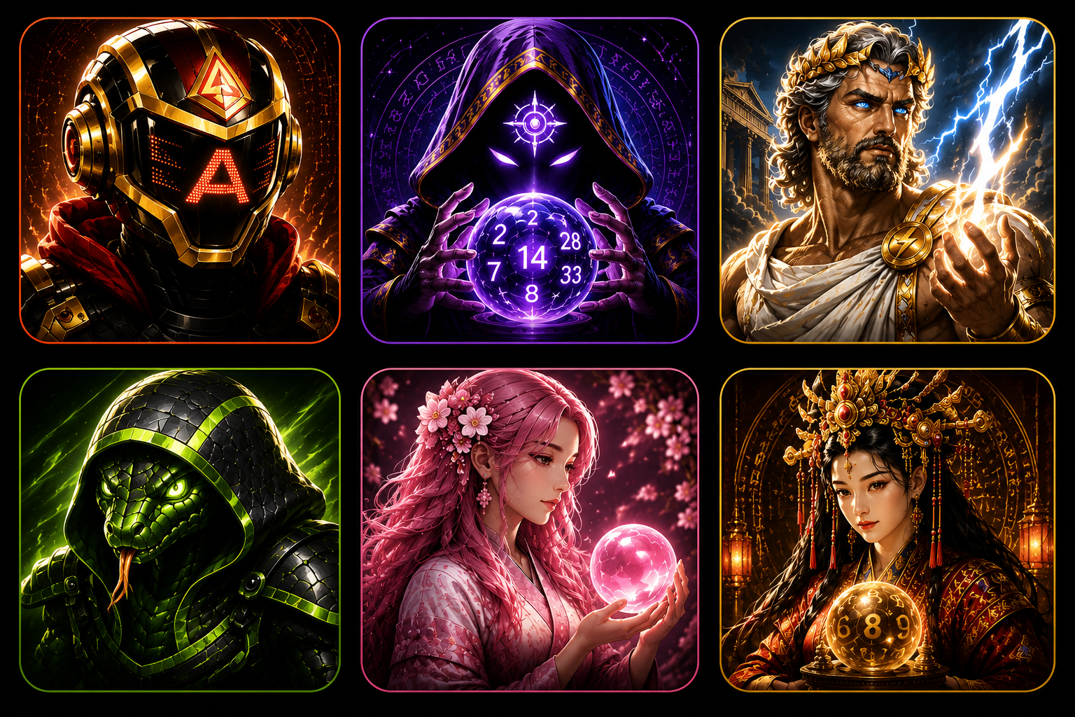 Meet the 6 Lucky7AI bots — APEX, ORACLE, ZEUS, VIPER, ARIA, and LUNA in a six-panel character lineup