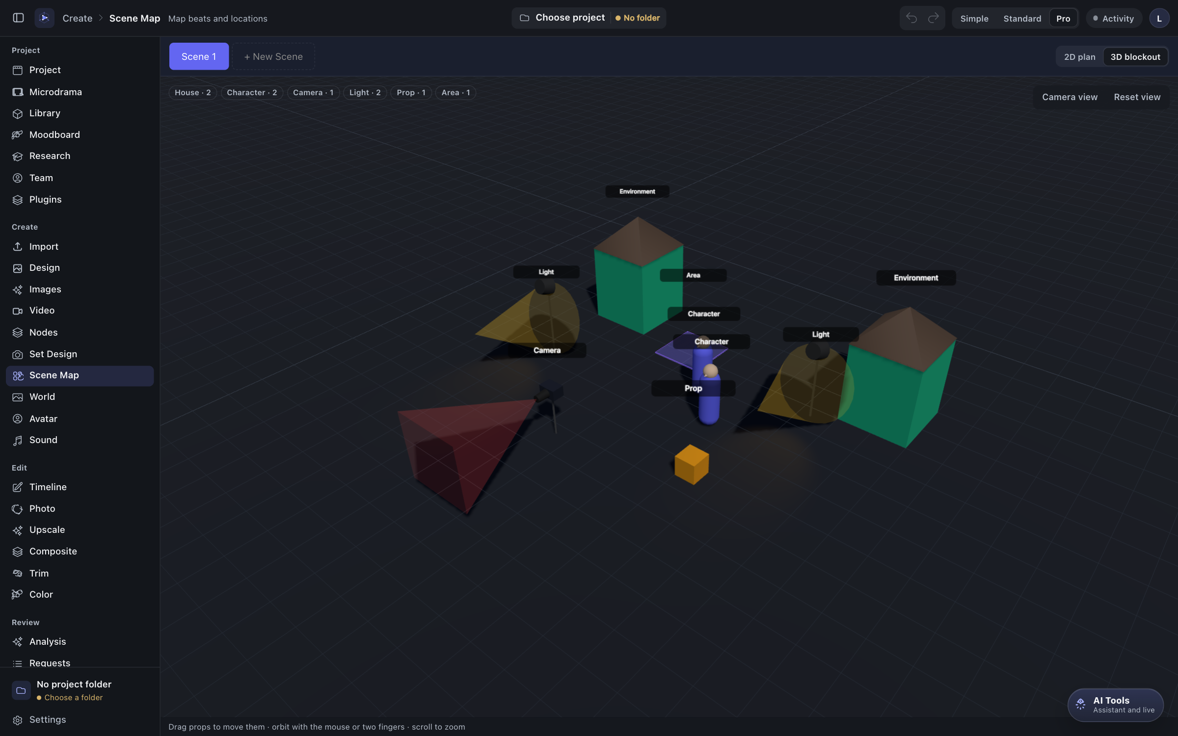 Scene map in 3D blockout mode