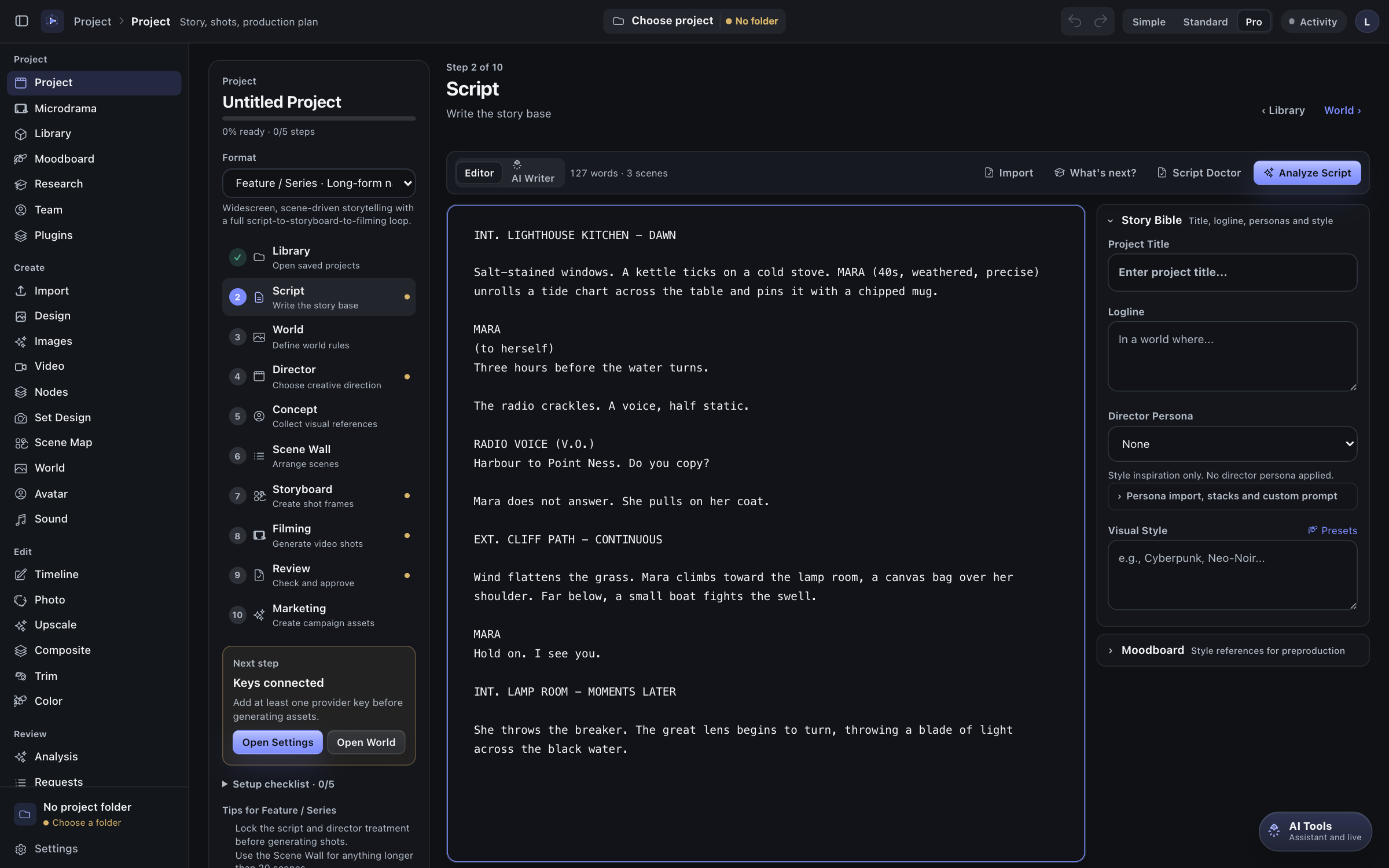 The Project hub: phases on the left, the script in the middle, story bible on the right
