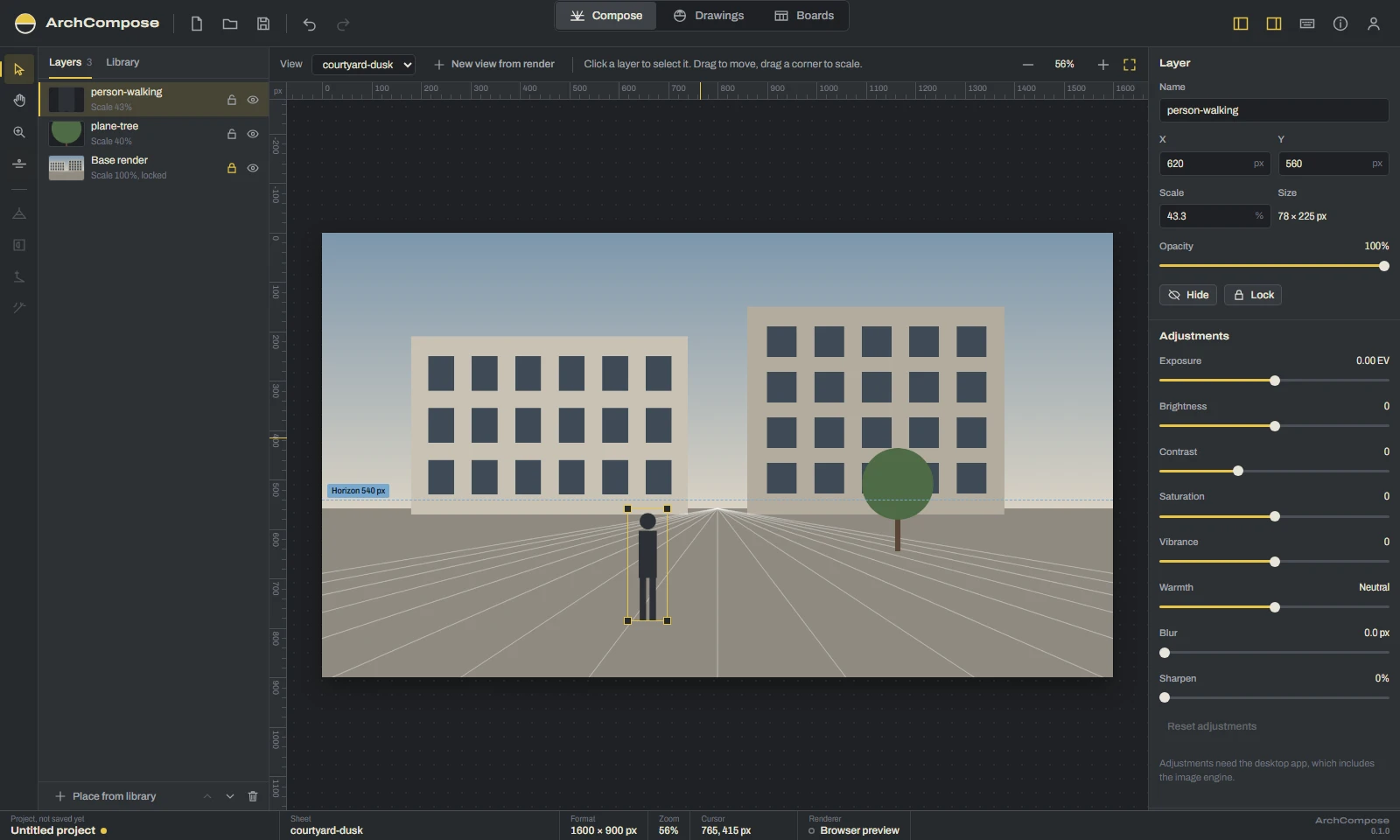 ArchCompose compose workspace with a render, placed cut-outs of a person and a tree, and the horizon guide