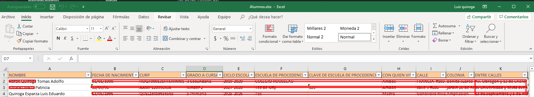 Excel result of adding a user