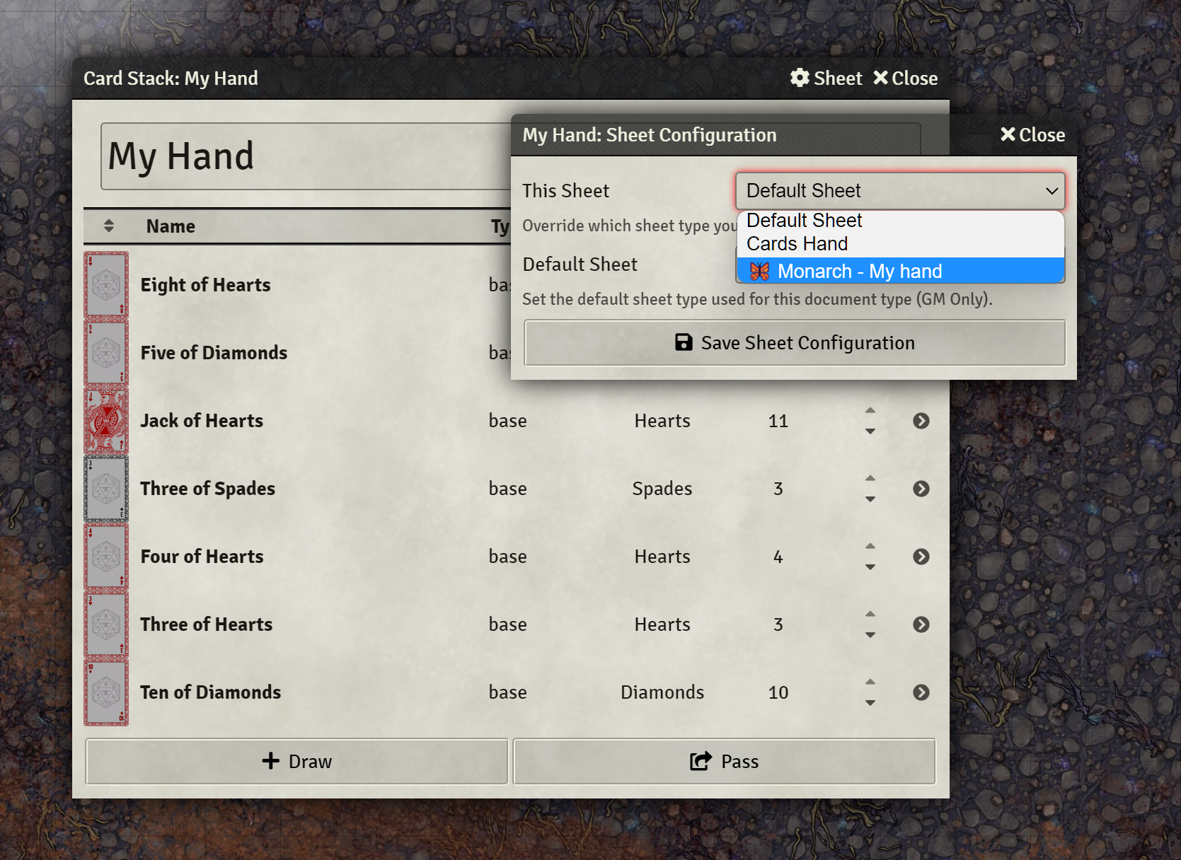 A standard hand app, with the sheet config window open.