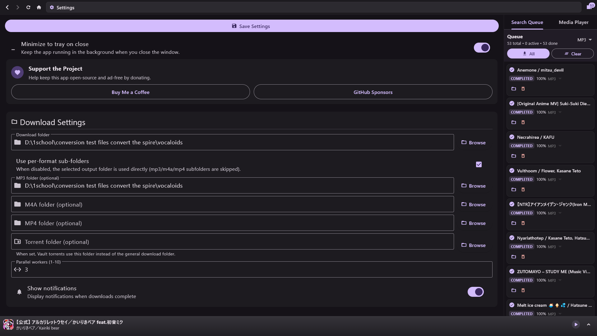 Settings panel with extensive customization options