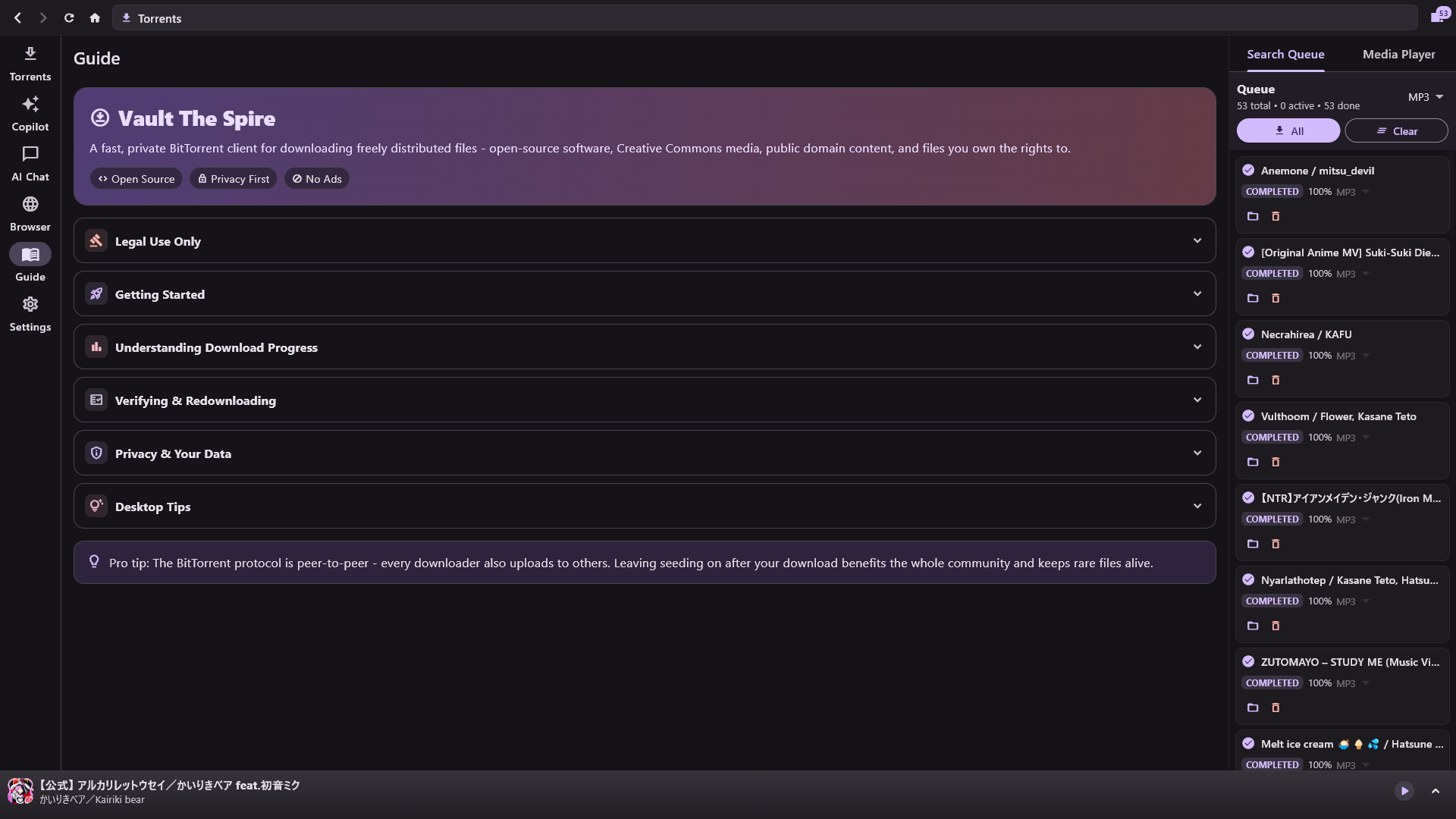 Torrent workflow screen with legal use guidance