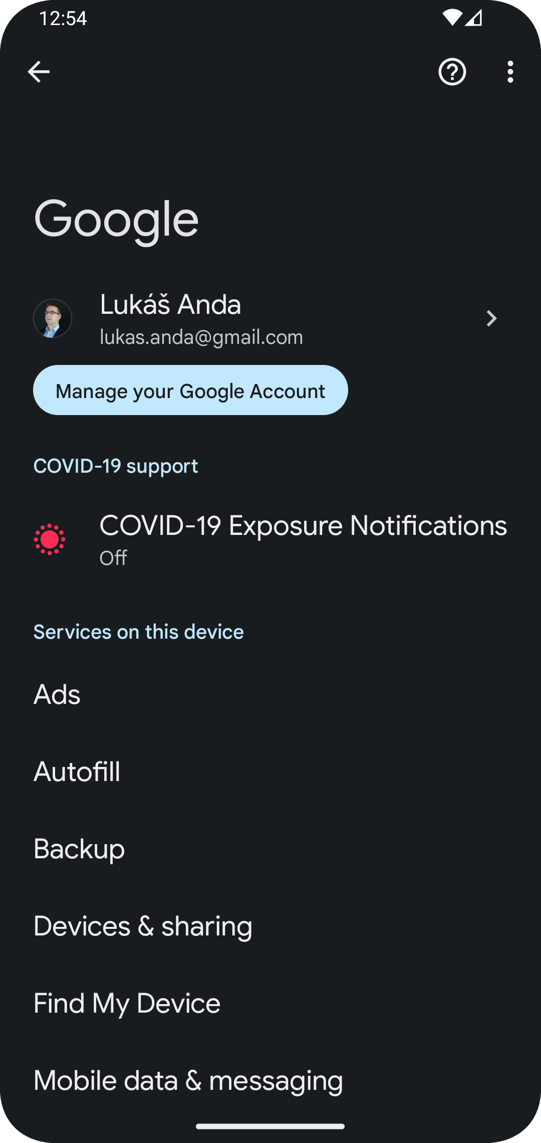 Google settings on a device