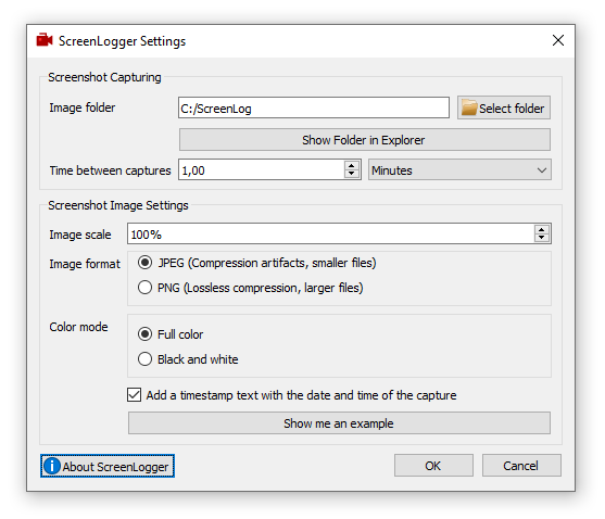 ScreenLogger settings screen