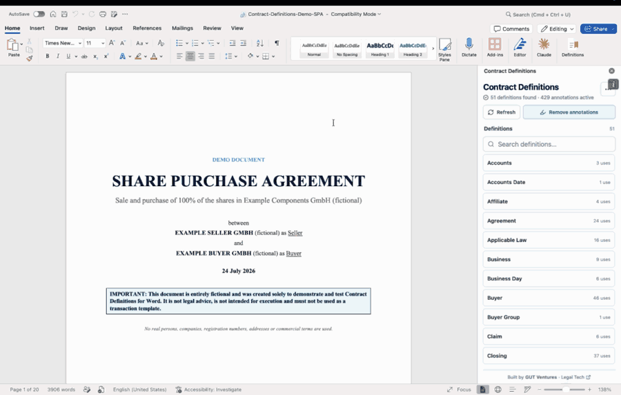 Contract Definitions finds defined terms and navigates between their definitions and occurrences in Microsoft Word