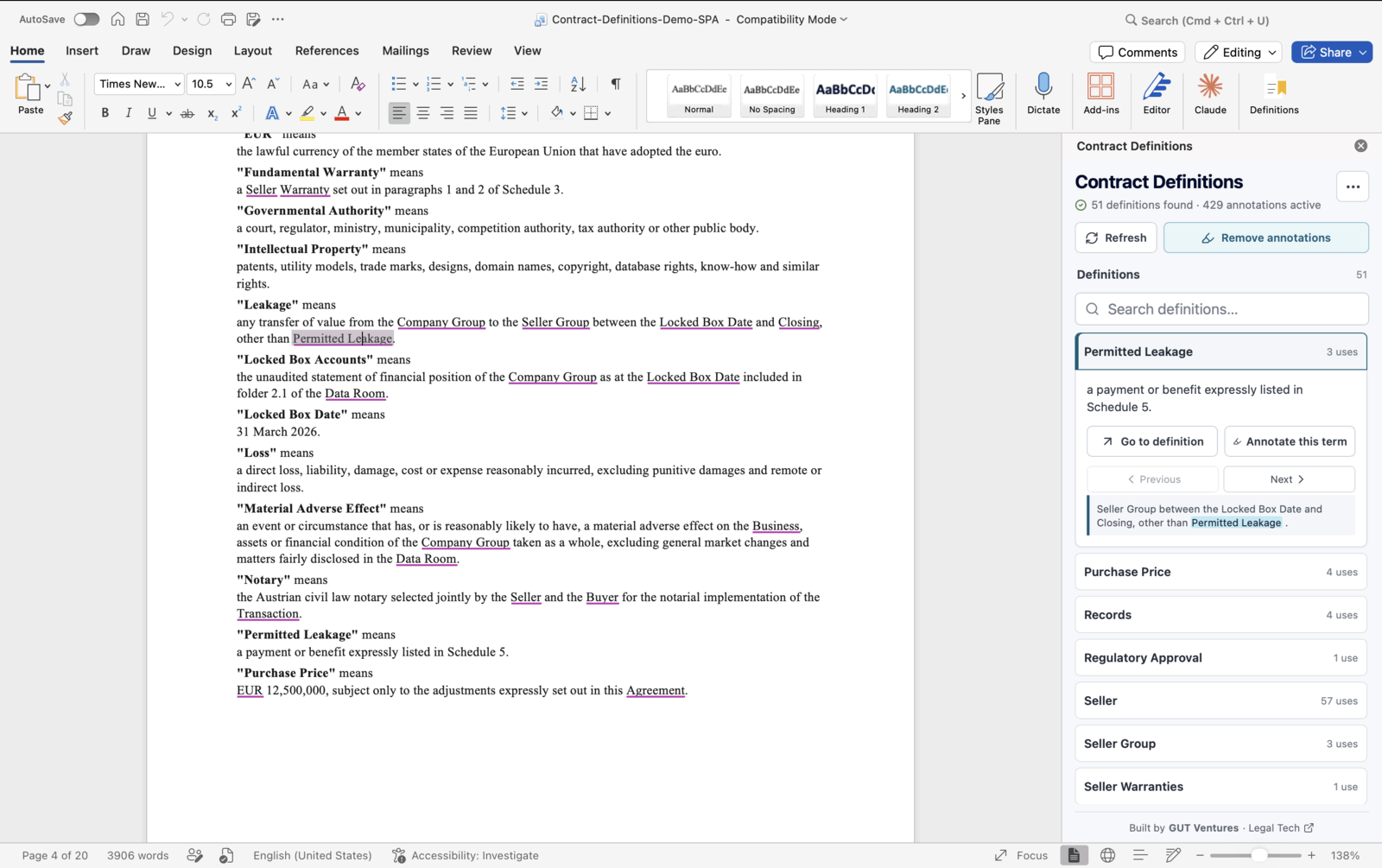 A defined term, its definition, usage count, navigation controls, and current occurrence shown beside a contract in Microsoft Word