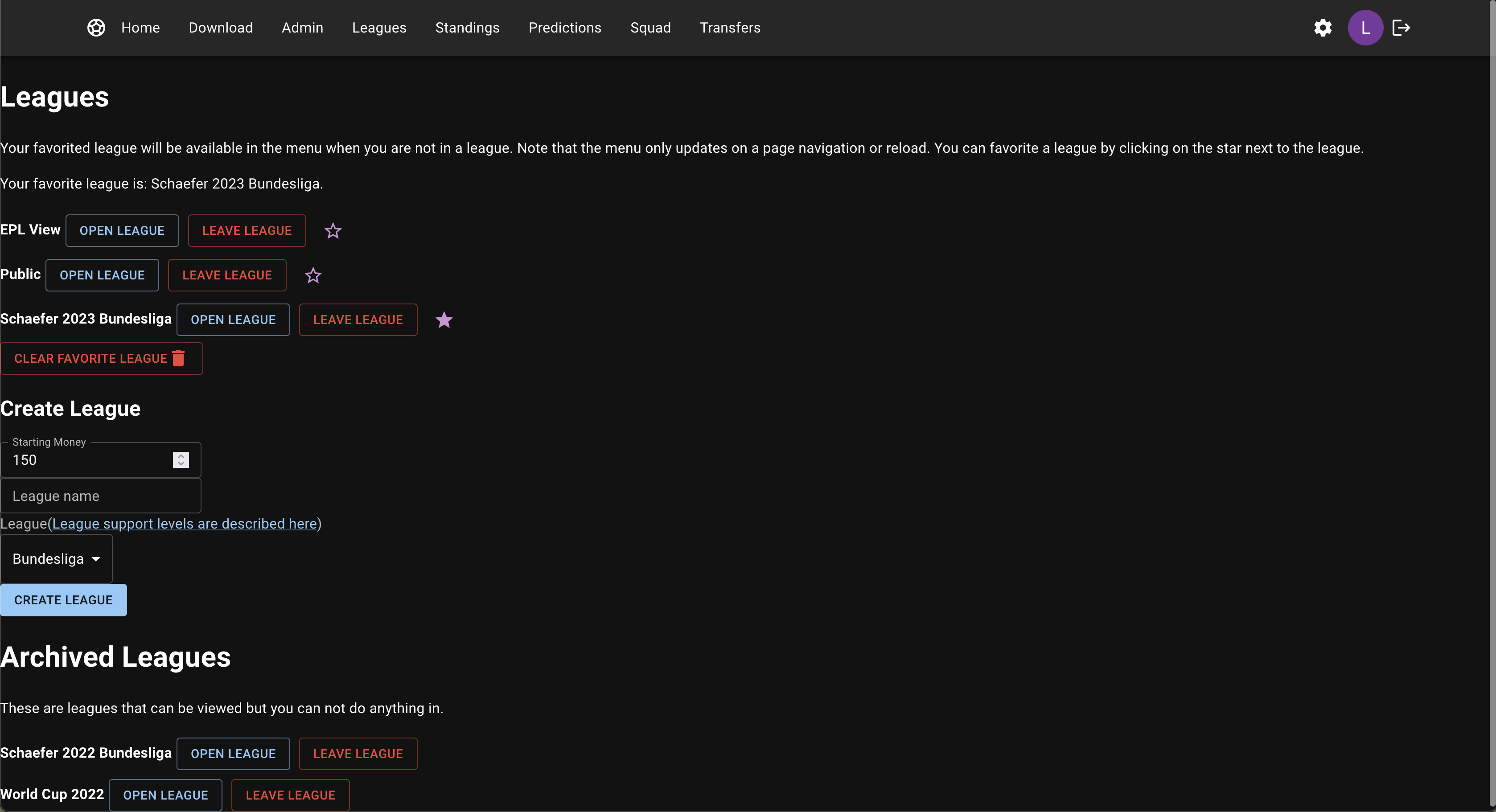 Screenshot of League page Dark Theme