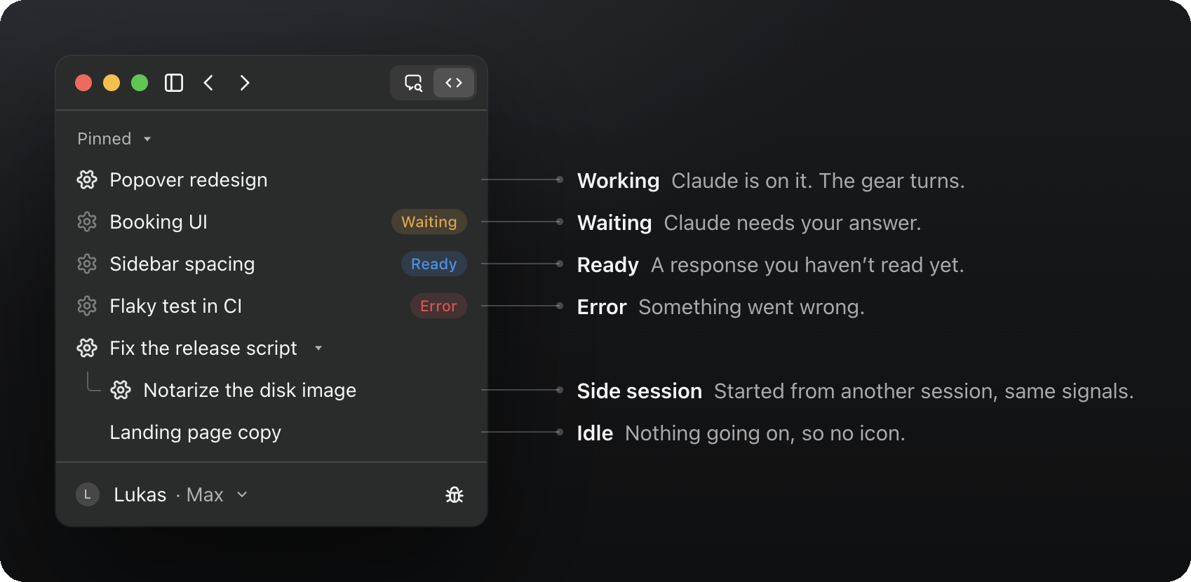 The sidebar of the Claude desktop app: a turning gear on the sessions Claude is working on, Waiting, Ready and Error badges, a side session with its own gear, and an idle session without an icon