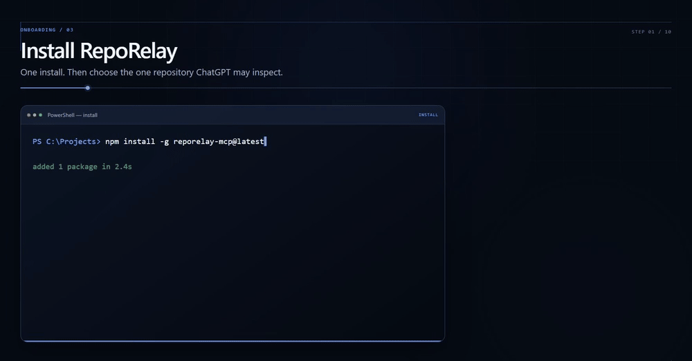 RepoRelay onboarding demo showing installation, one approved repository selection, ChatGPT connection, and adding RepoRelay to ChatGPT