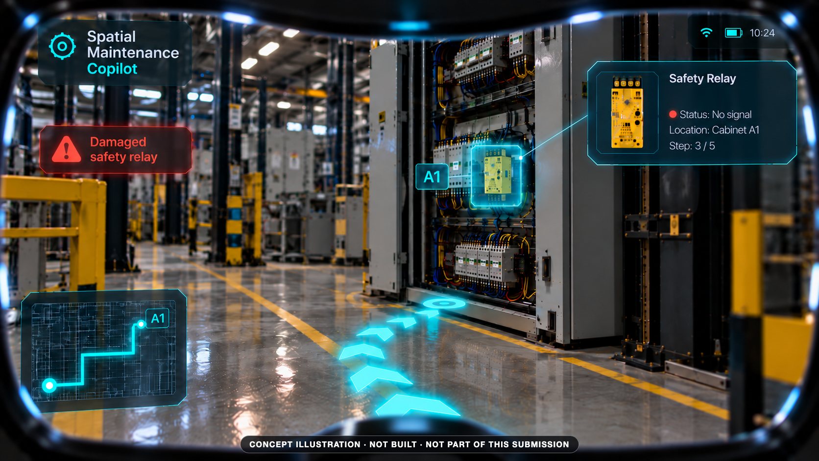 Concept illustration: the same loop on AR glasses in a factory. Not part of this submission.
