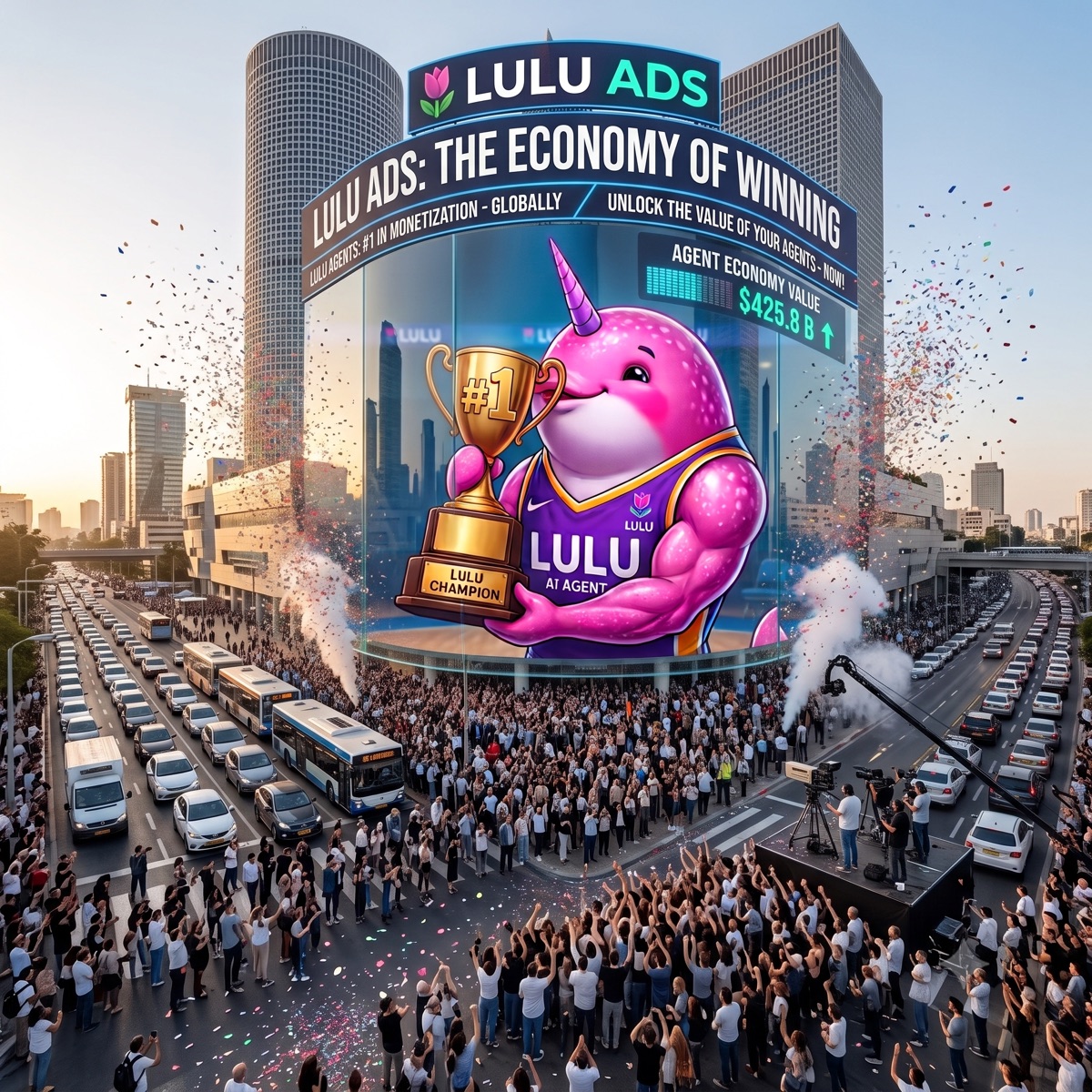 Lulu, the Lulu Ads narwhal mascot, celebrating on a Tel Aviv billboard — the agent economy has a monetization layer now
