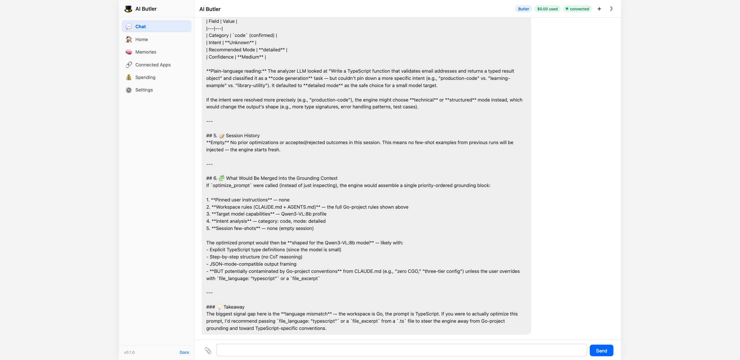 Context Engine preview — analyzer output (Category=code, Intent=production-code, Recommended Mode=detailed, Confidence=Medium), session history, and the priority-ordered grounding stack the engine would merge into the system prompt. Closing takeaway about a language mismatch the engine detected between workspace (JS) and prompt (TypeScript).