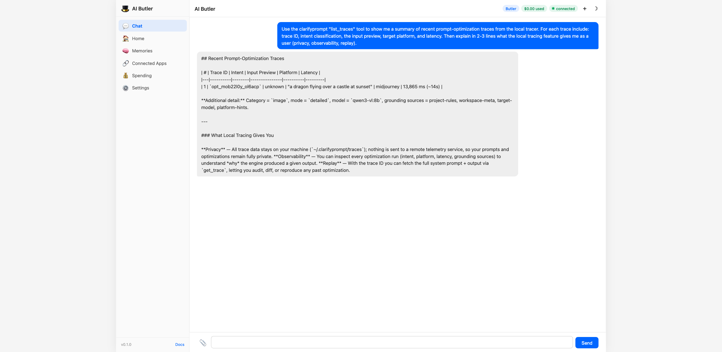 list_traces table — trace ID, intent, input preview, platform, latency for recent optimizations. Below the table: a 3-point explanation of what tracing gives — privacy (local-only), observability (every optimization recorded), replay (use trace ID + get_trace to re-fetch the full system prompt)