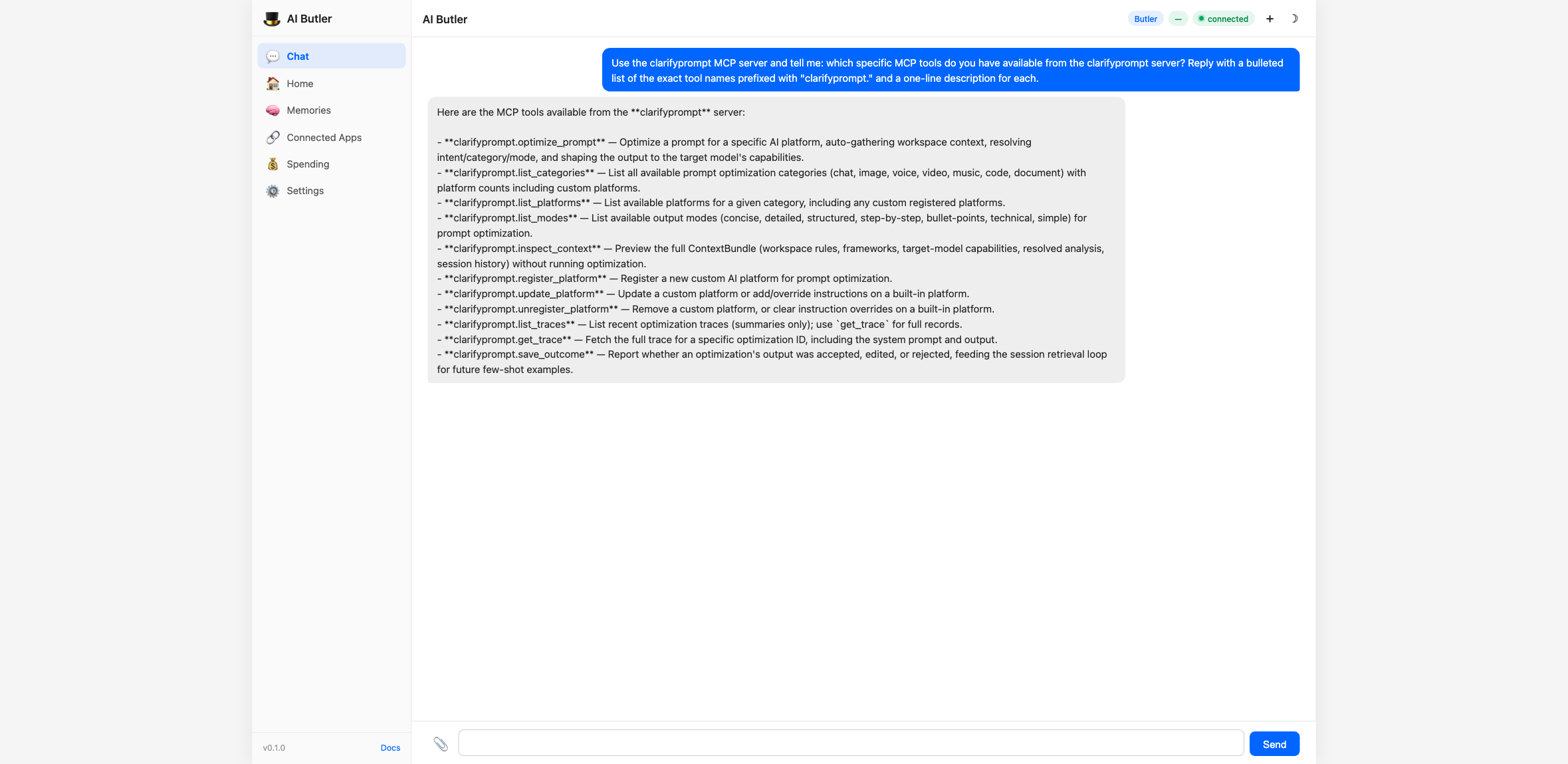 AI Butler webchat showing the agent listing all 11 clarifyprompt tools (optimize_prompt, inspect_context, list_categories, list_platforms, list_modes, register_platform, update_platform, unregister_platform, list_traces, get_trace, save_outcome) with one-line descriptions