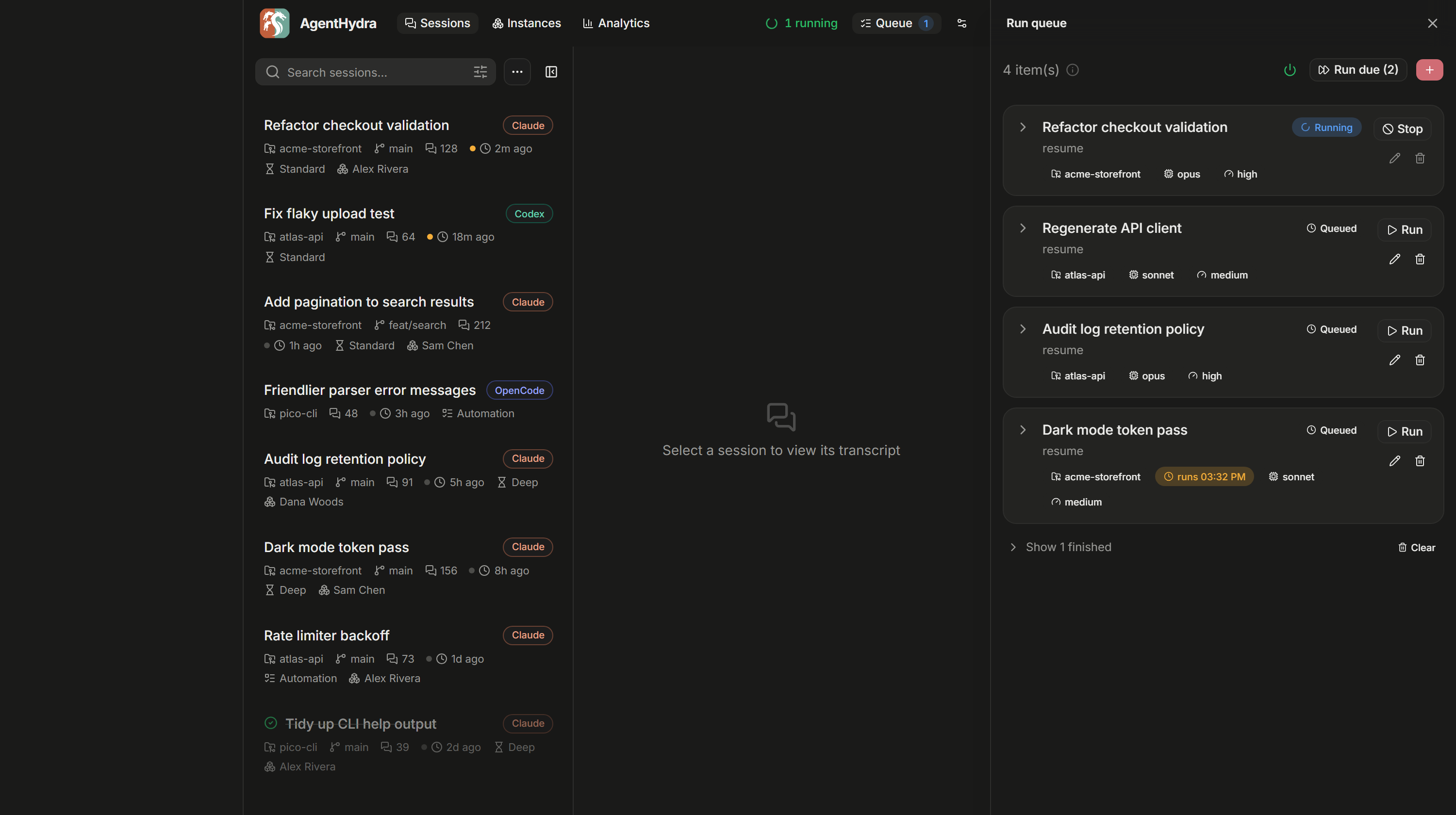 The run queue drawer: five runs, one running, three queued and one finished, each showing its project, model, effort and scheduled time