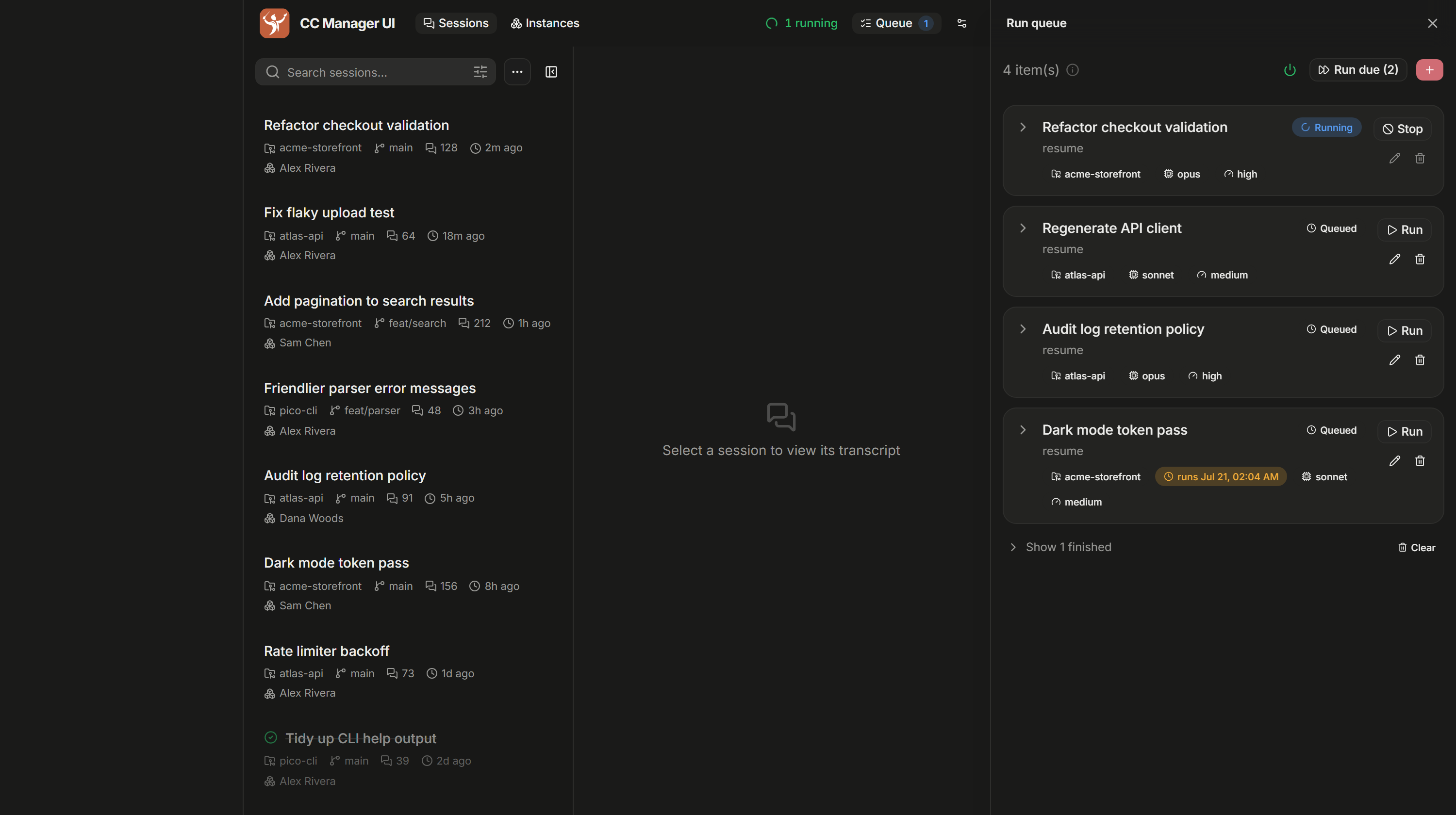 The run queue drawer: five runs, one running, three queued and one finished, each showing its project, model, effort and scheduled time