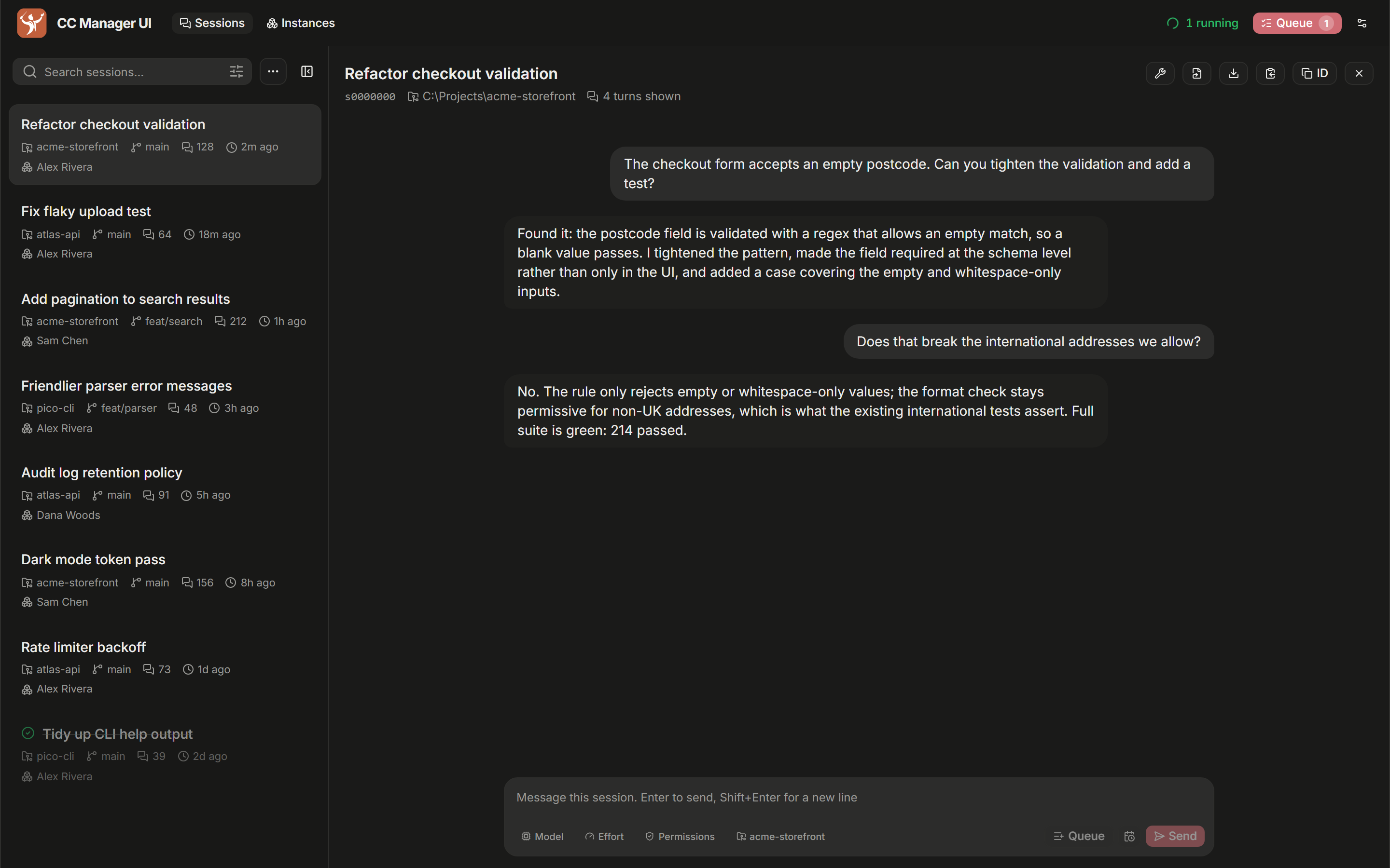 The sessions view: a searchable list of Claude Code transcripts on the left, one open on the right with a message box at the bottom