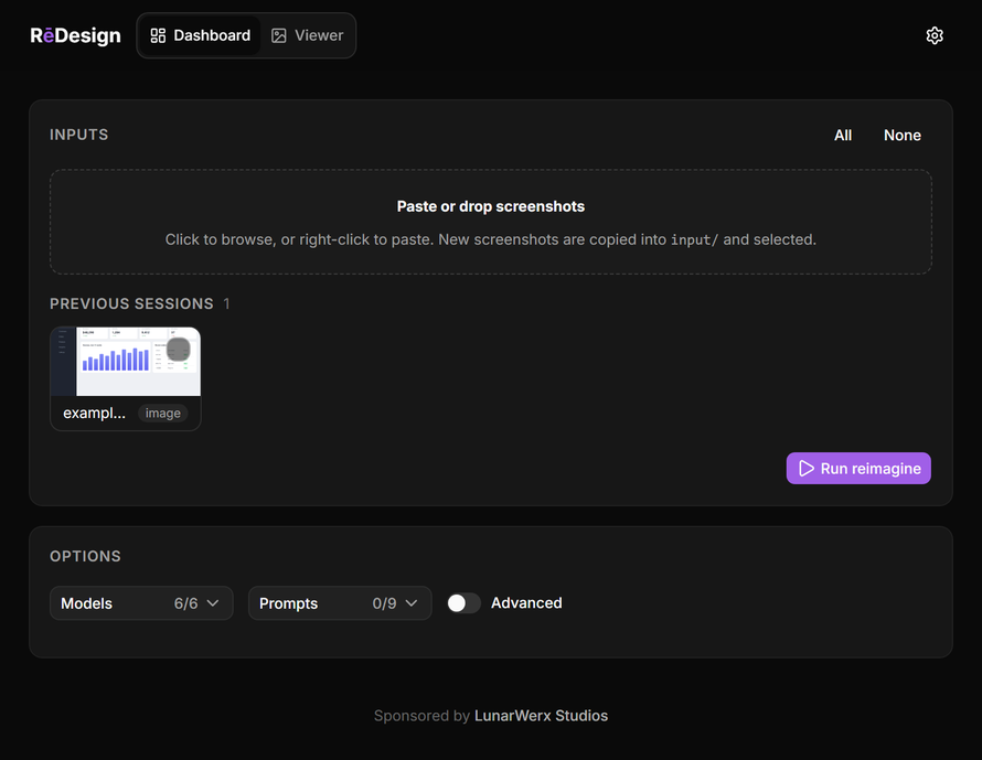 The RēDesign control panel: an input dropzone with model and prompt selectors and a Run button