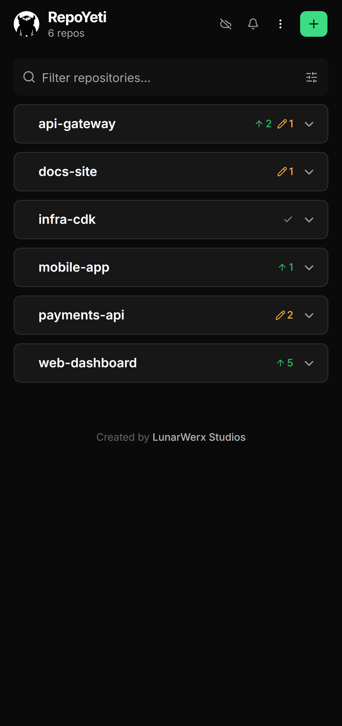 Live repo grid on a phone: every repo's branch, dirty, ahead/behind at a glance