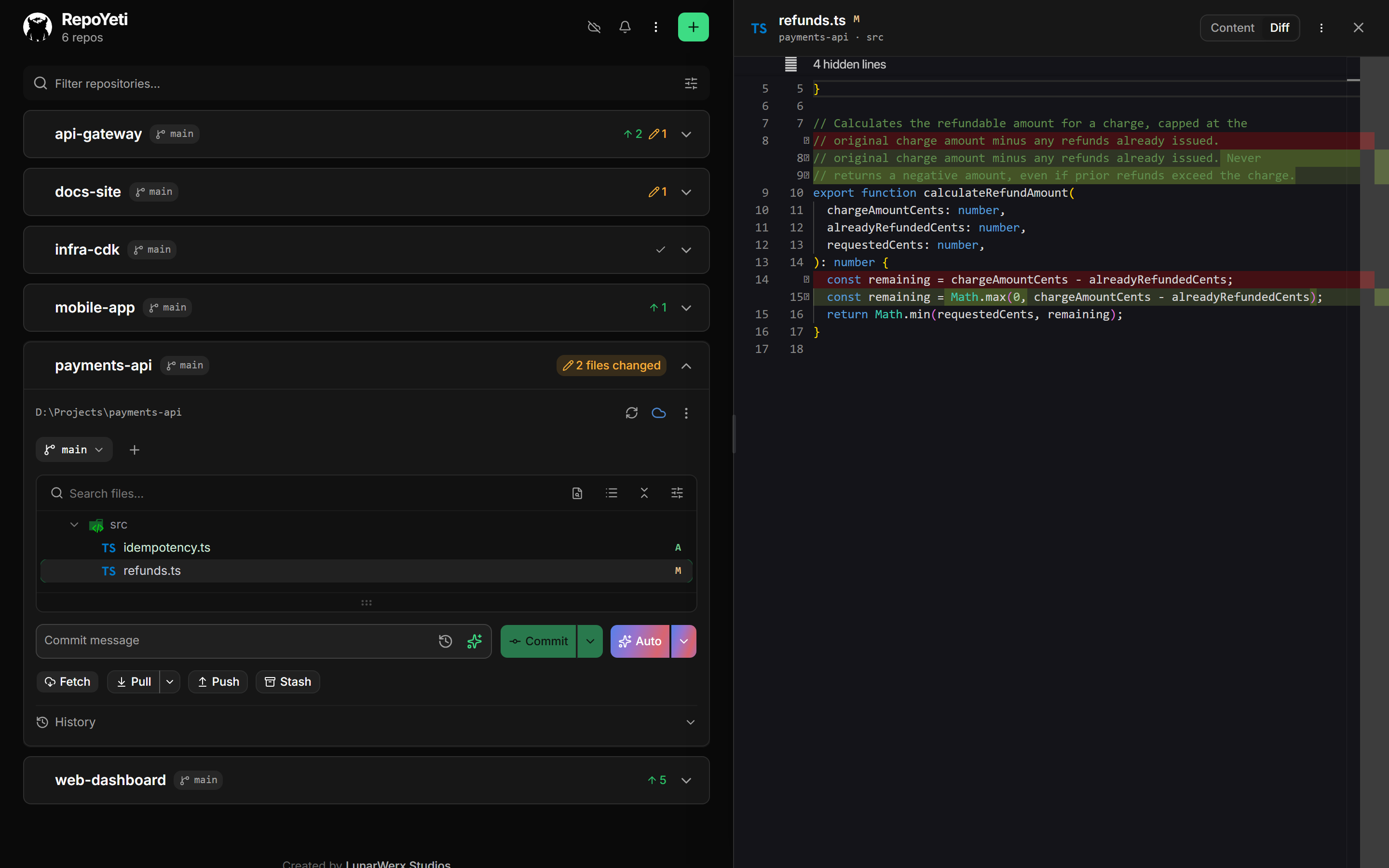 Monaco diff viewer in a desktop browser, side by side with the repo list