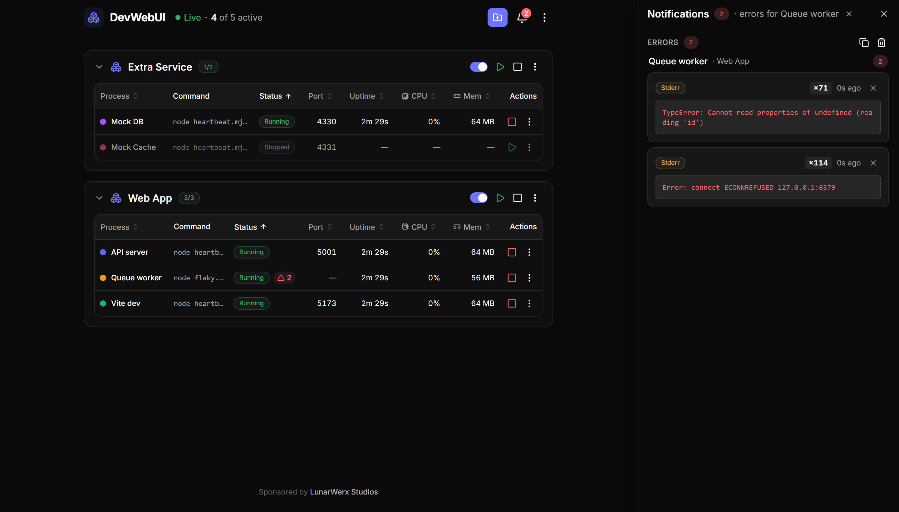 DevWebUI's de-duplicated error log, with occurrence counts